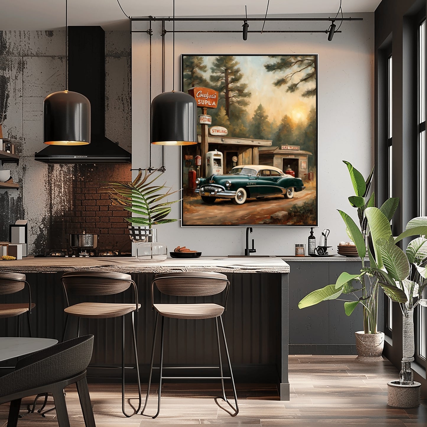 1950s retro car wall art featuring a vintage green car at a countryside gas station decor in modern kitchen