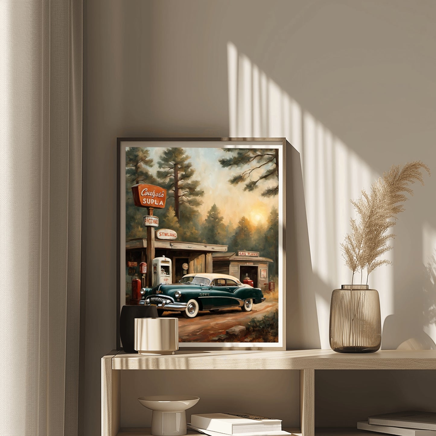 1950s retro car wall art by AquilVision featuring a vintage car at a gas station in a forest setting