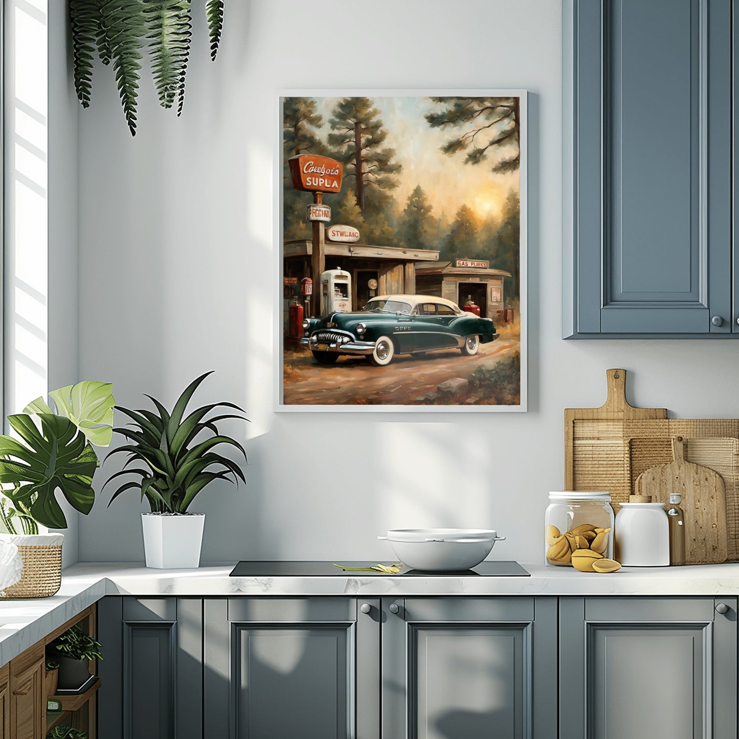 1950s retro car wall art by AquilVision featuring vintage car and gas station in a cozy kitchen setting