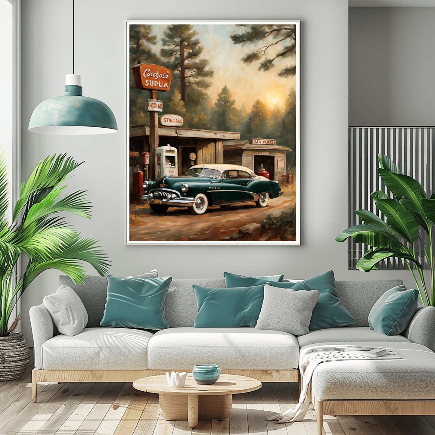 1950s retro car wall art depicting a vintage green car parked at an old gas station surrounded by trees