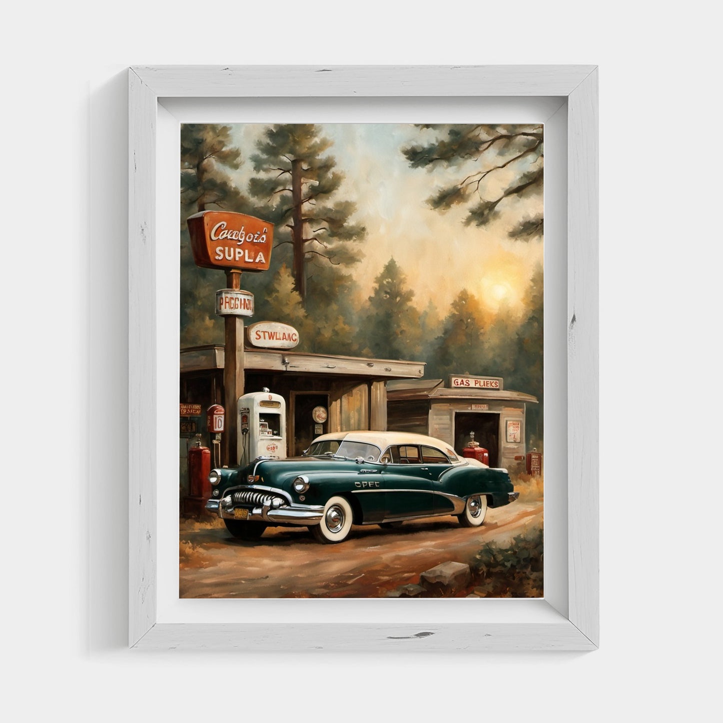 1950s retro car wall art featuring a vintage green car parked at an old gas station with a forest background