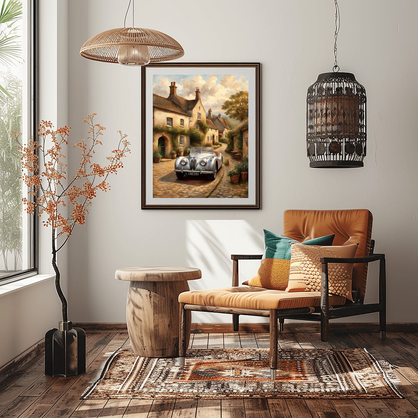 1950s roadster wall art print by AquilVision displayed in cozy modern living room with wooden furniture and warm decor