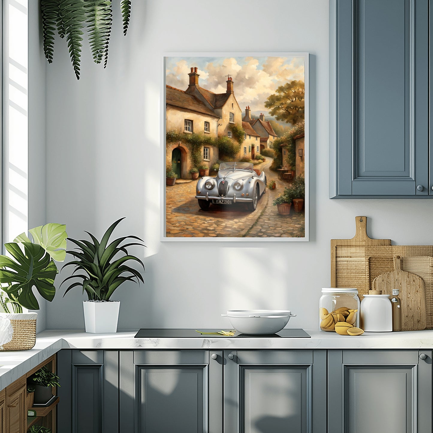 1950s roadster wall art featuring a vintage car on a cobblestone street in a quaint village