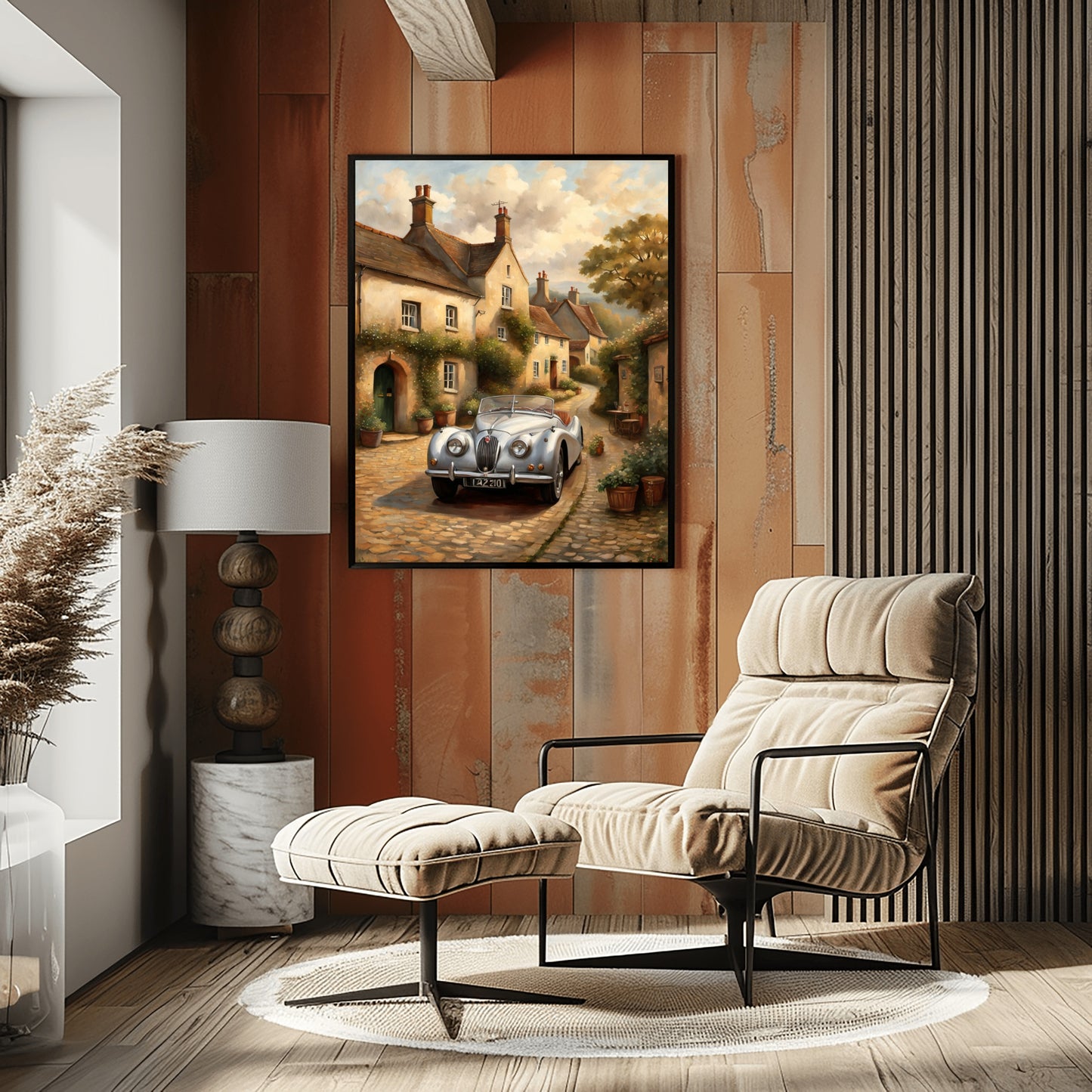 1950s roadster wall art by AquilVision displayed in a cozy modern living room with wooden walls and beige armchair