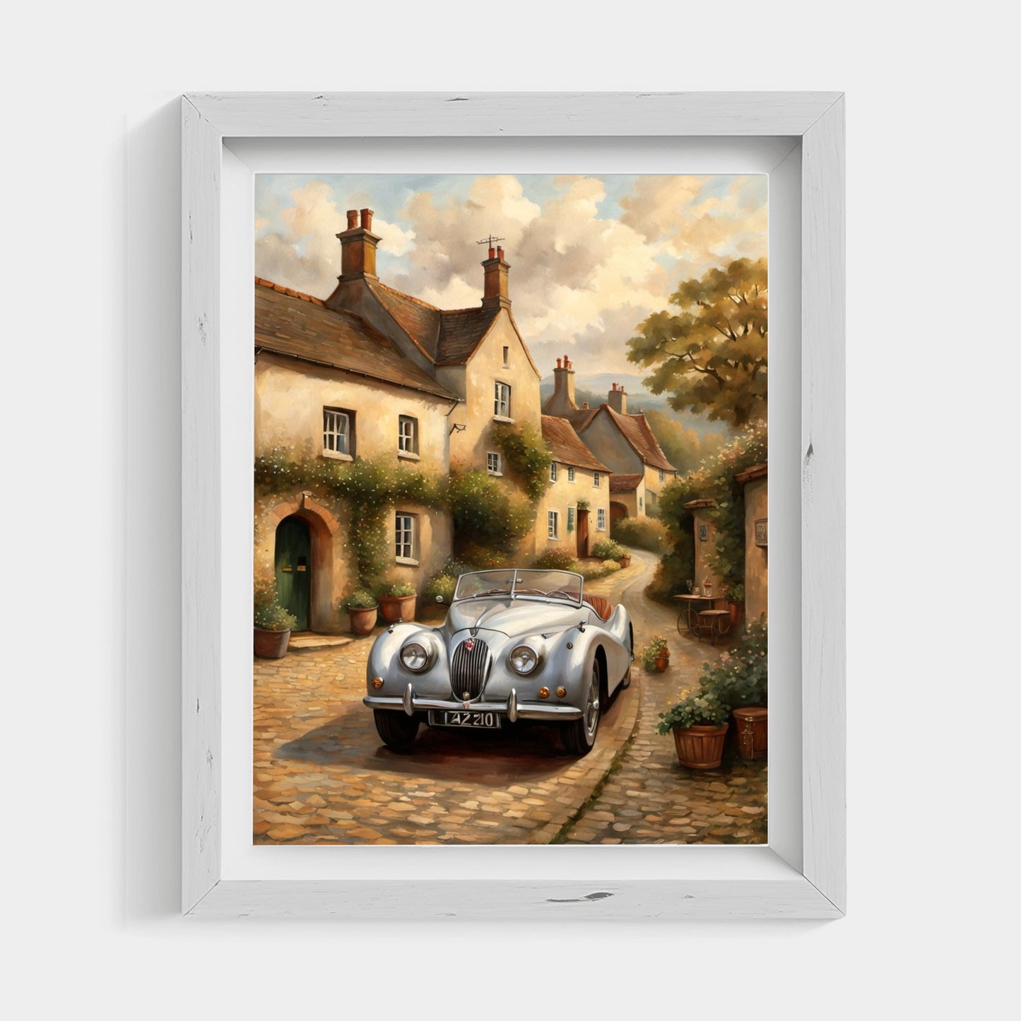 1950s roadster wall art featuring a classic vintage car on a cobblestone street in a charming village