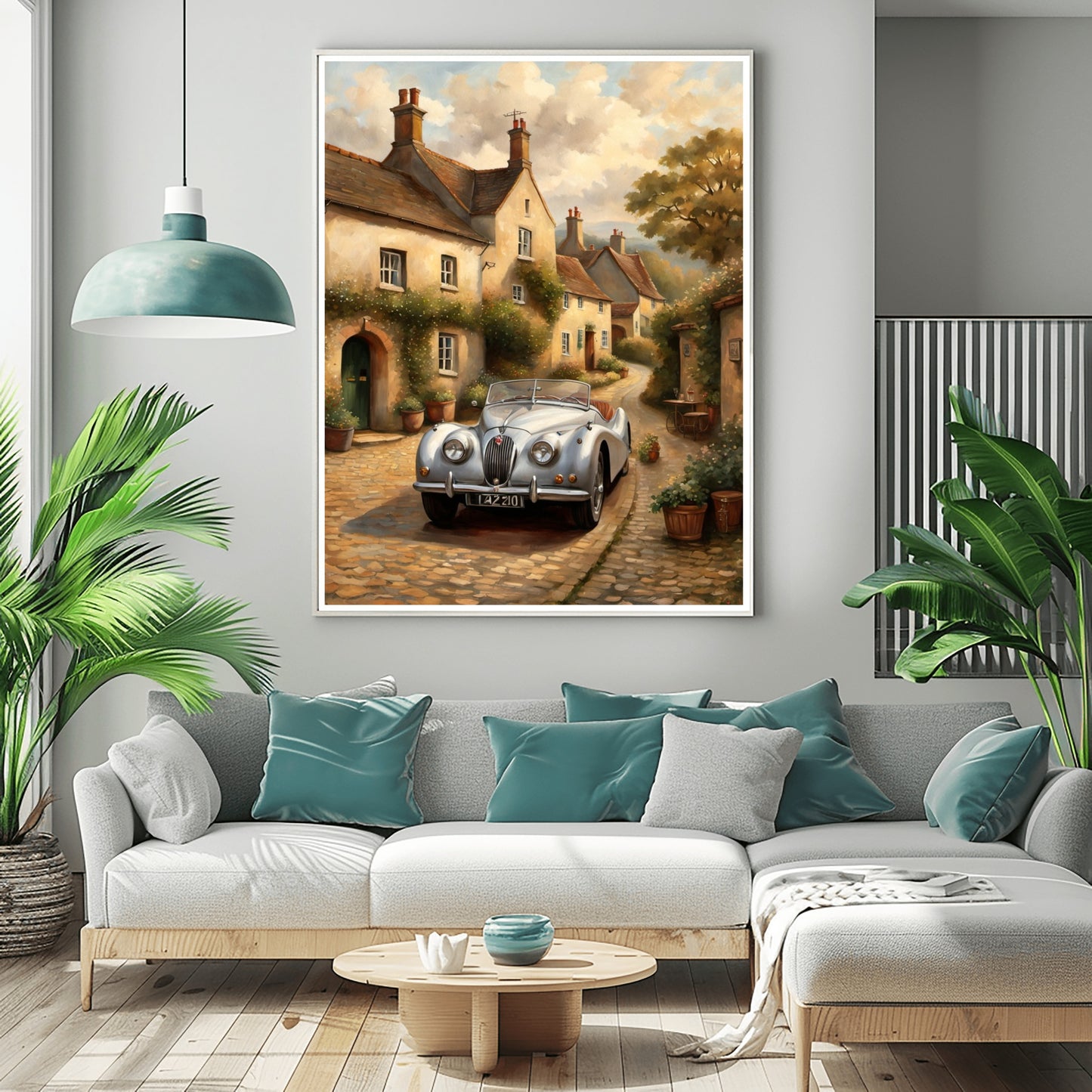 1950s roadster wall art featuring a vintage car driving through a charming village street in warm tones