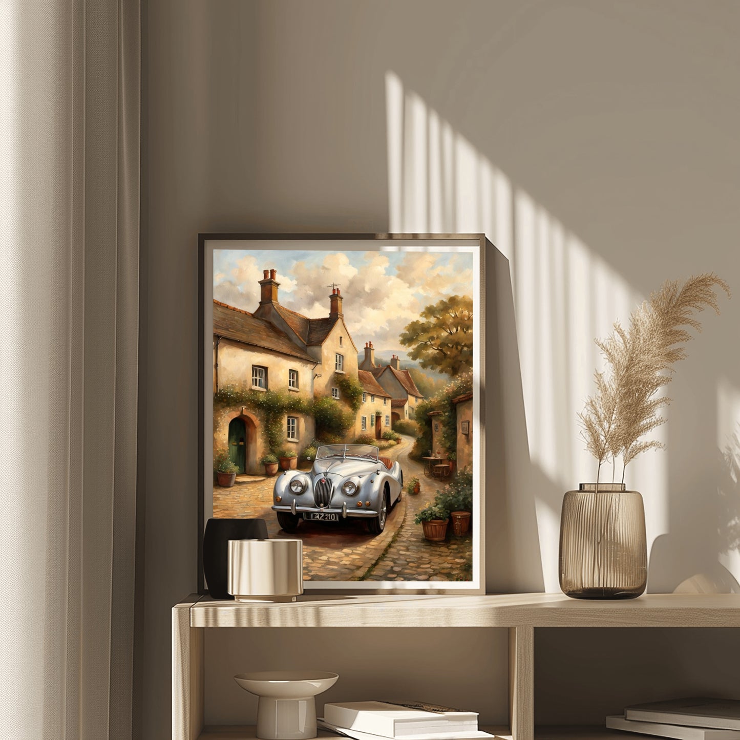 1950s roadster wall art featuring a classic car on a cobblestone street in a quaint village setting