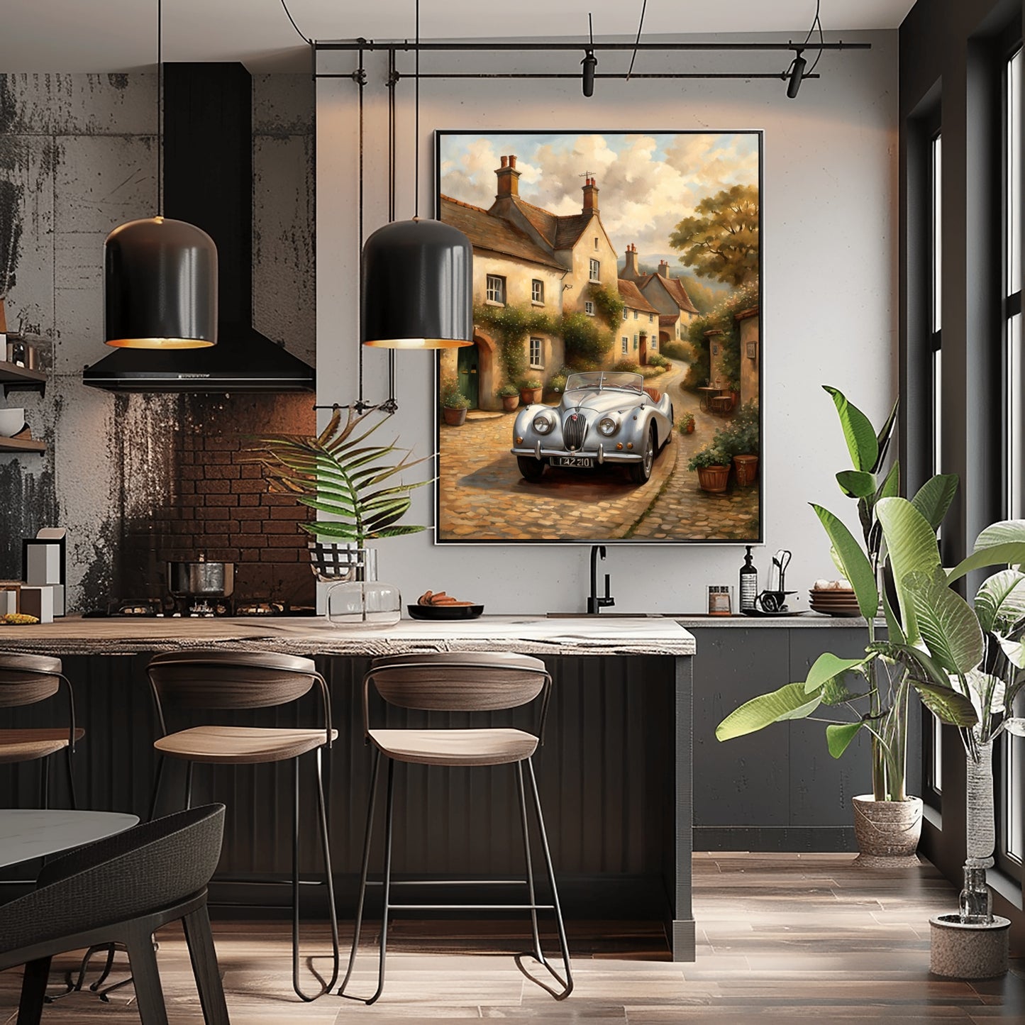 1950s roadster wall art featuring a classic car on a village street displayed in modern kitchen