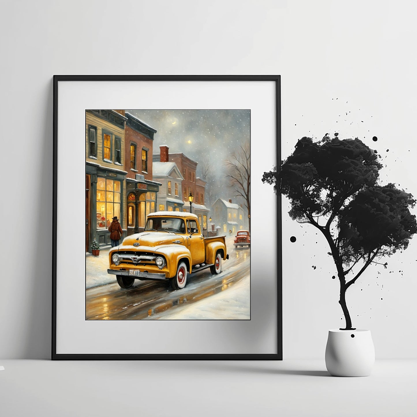 1950s snowy town wall decor featuring a vintage yellow truck on a snowy street with historic buildings