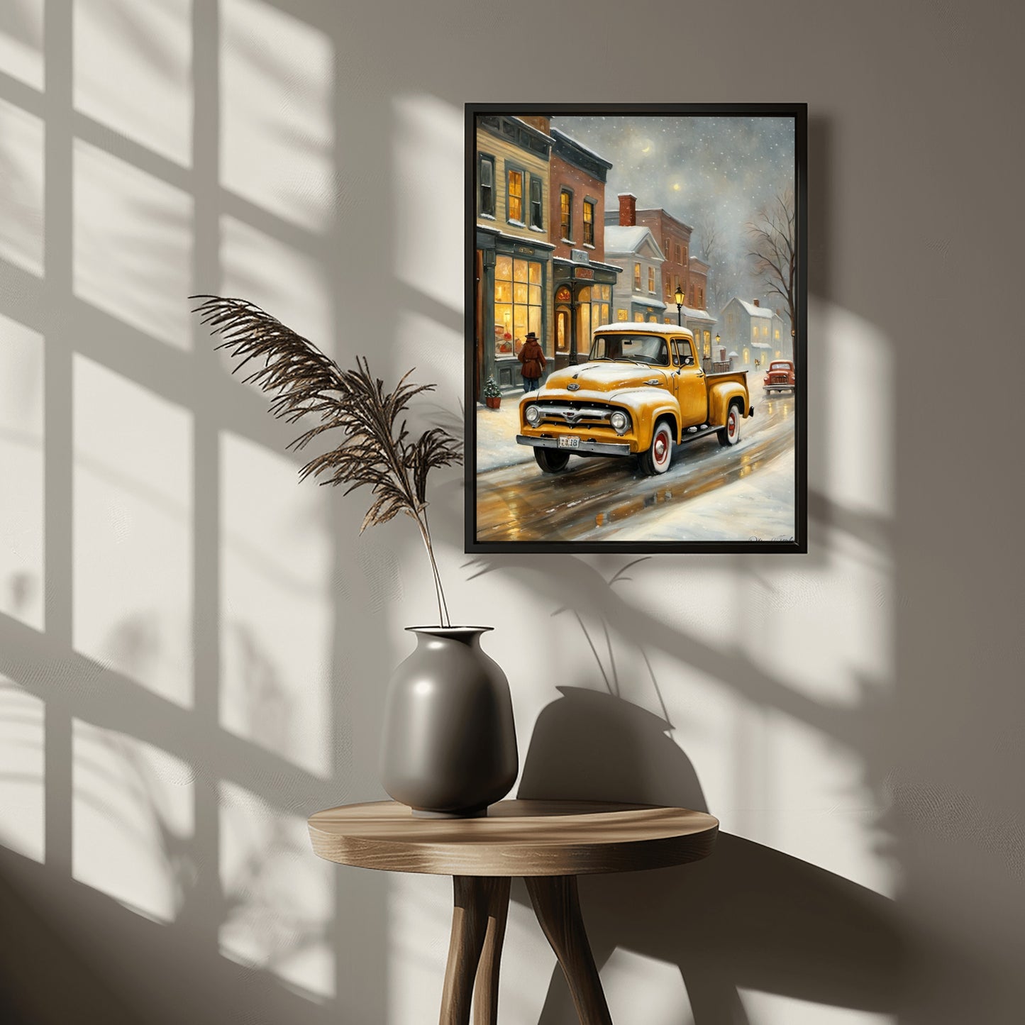 1950s snowy town wall decor featuring a vintage yellow truck on a snowy street in a retro town scene