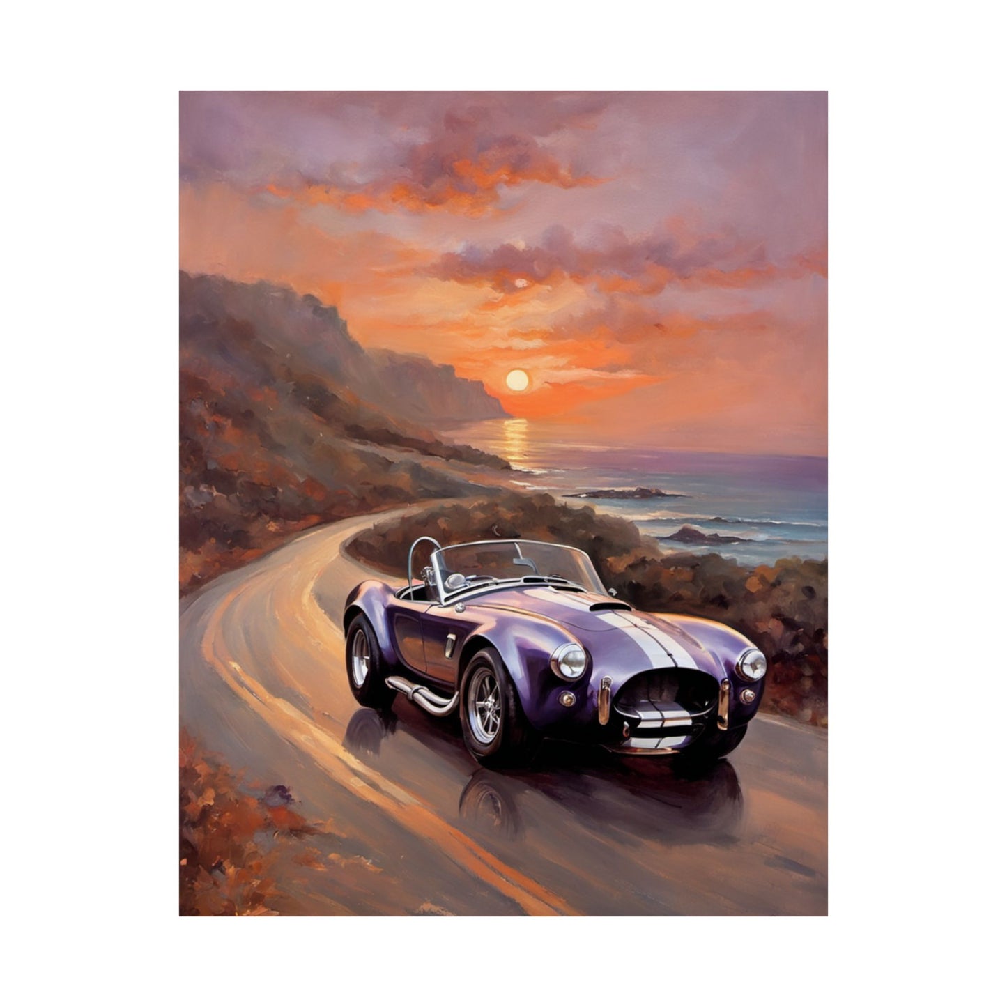 Vintage American Car Art featuring a purple sports car on a scenic coastal road at sunset