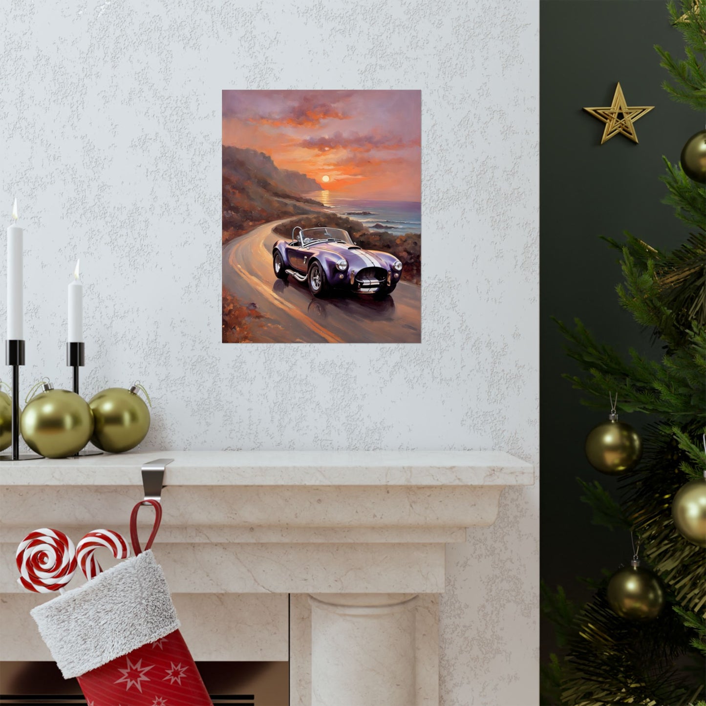 Vintage American Car Art poster featuring a classic car on a scenic coastal road at sunset