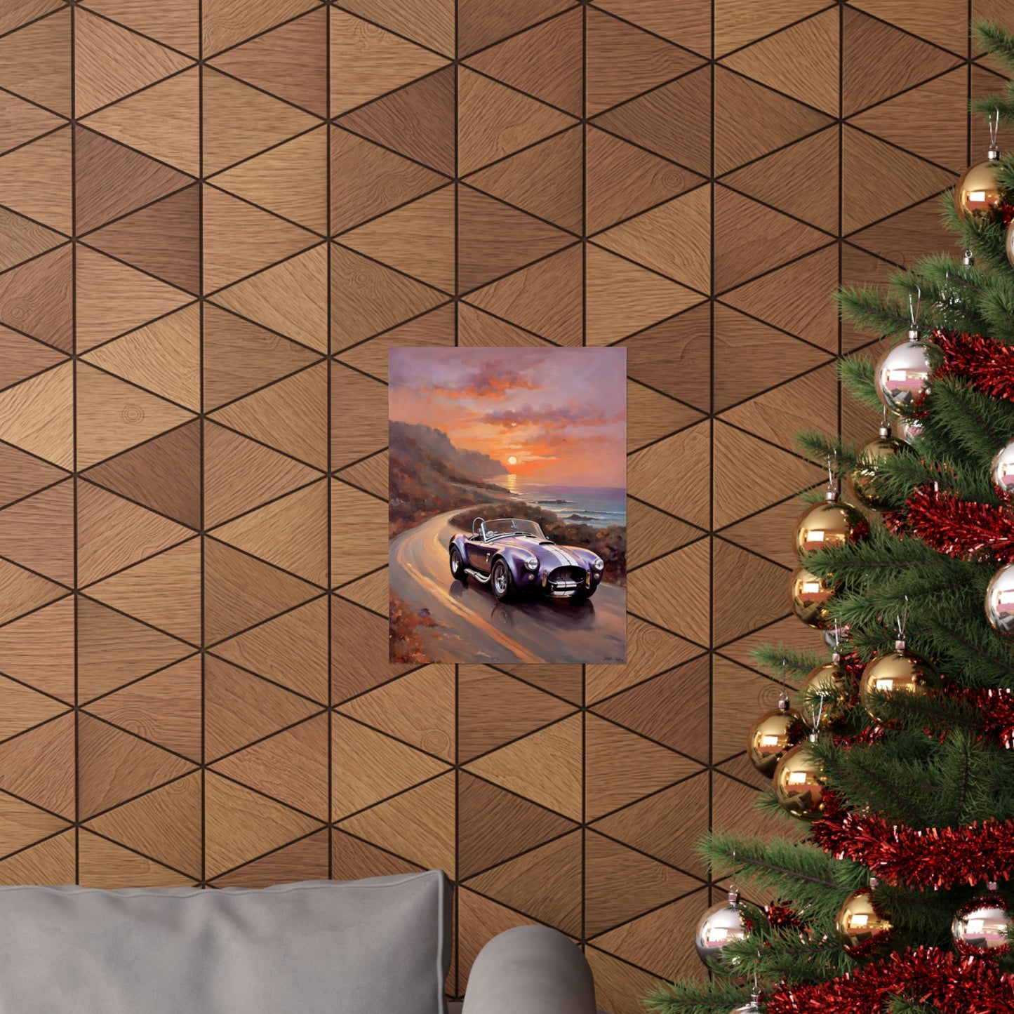 Vintage American Car Art poster displayed on a textured wall near a Christmas tree