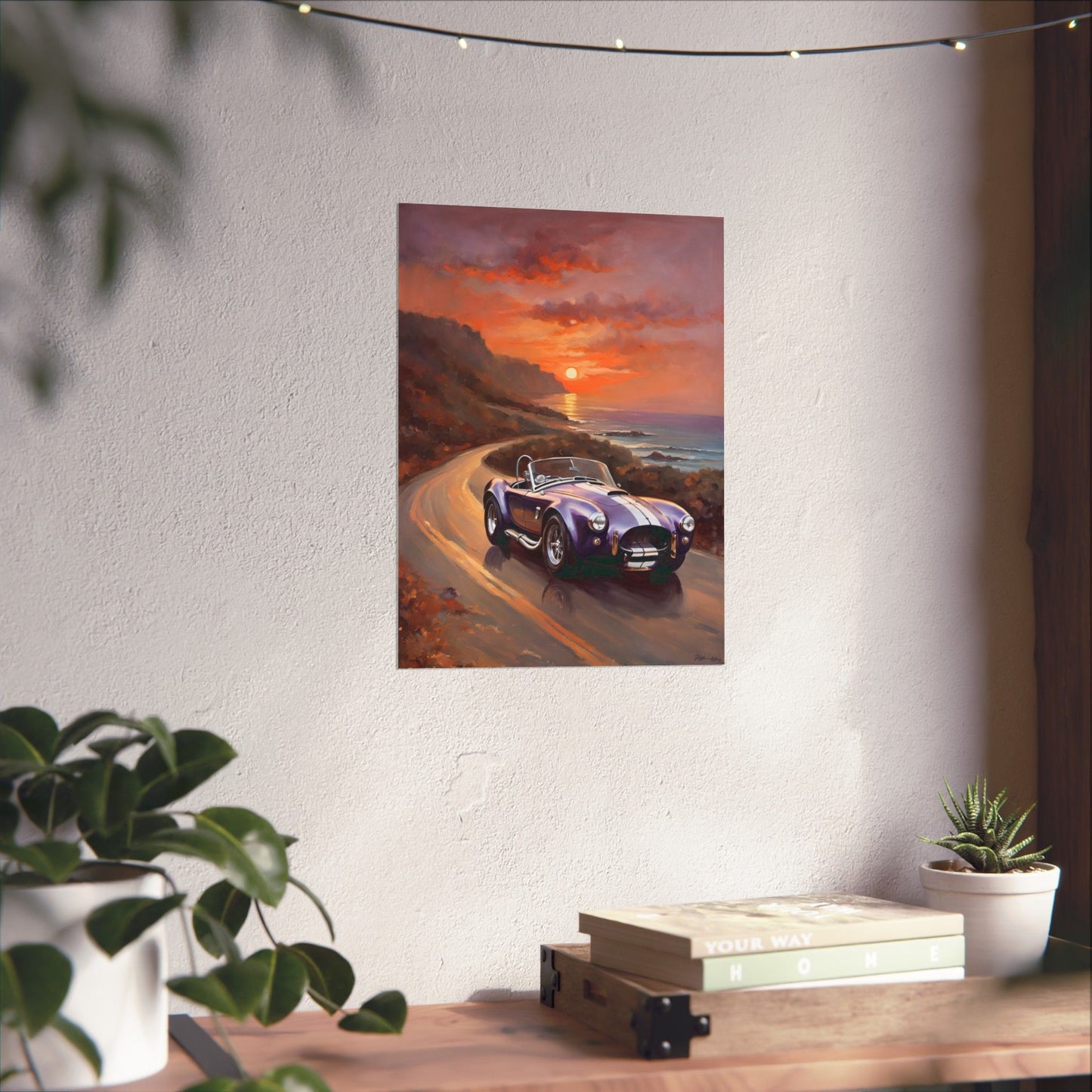 Vintage American Car Art poster showcasing a classic car along a scenic coastal road at sunset