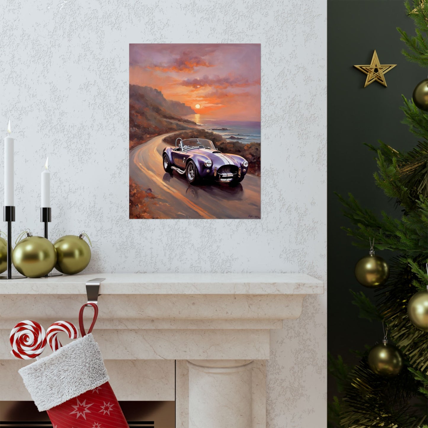 Vintage American Car Art poster featuring a scenic sunset drive near the ocean