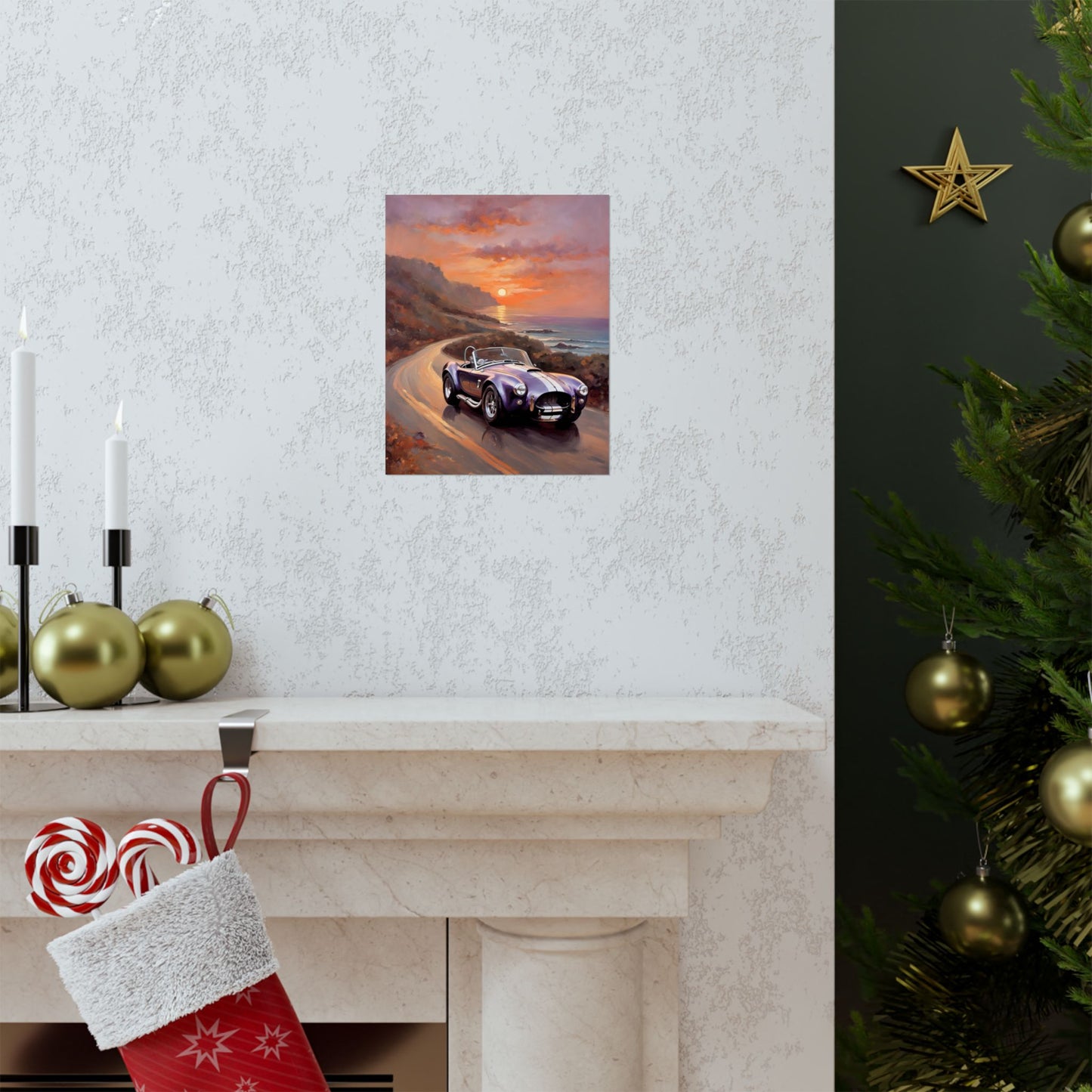 Vintage American Car Art poster displayed above a fireplace with holiday decorations