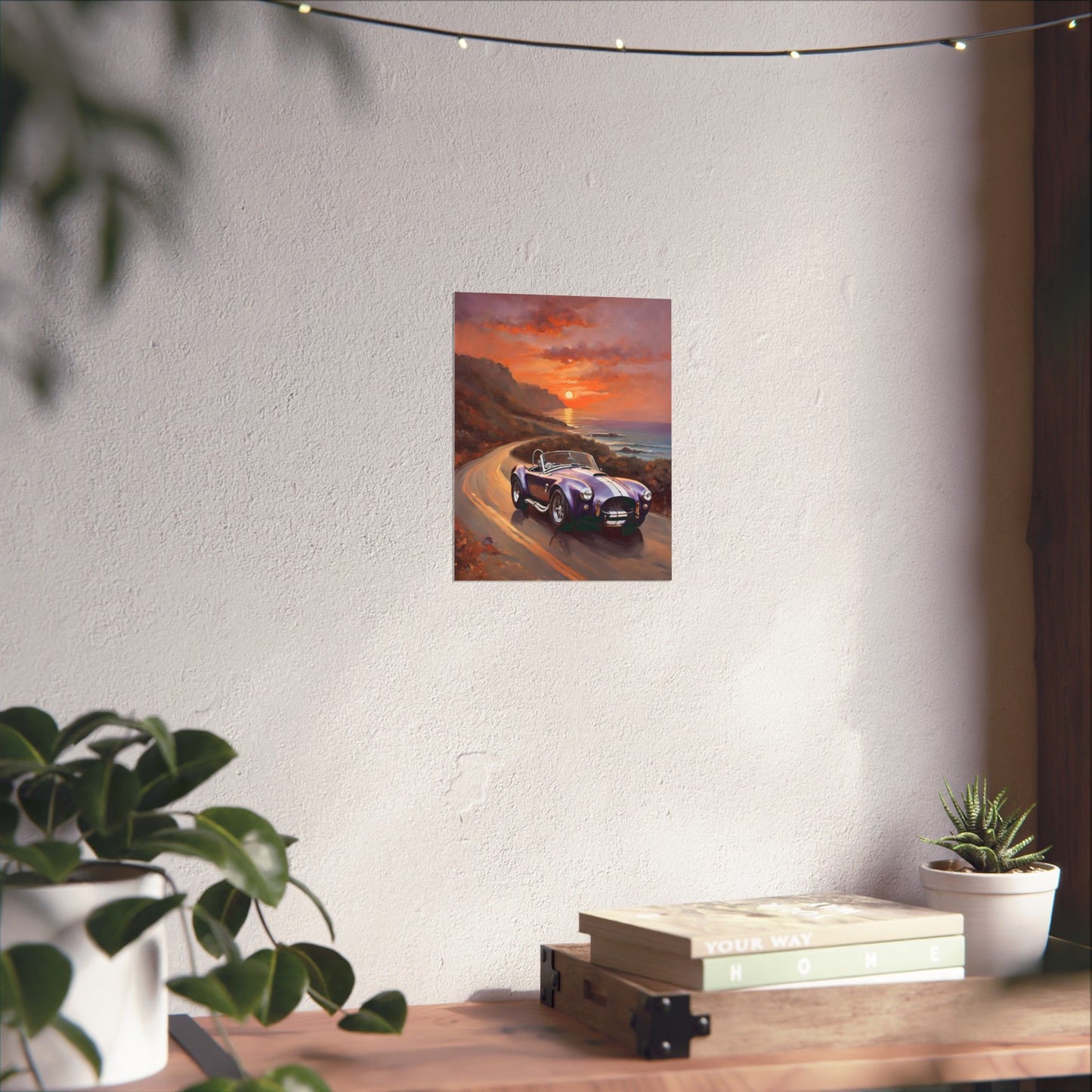 Vintage American Car Art poster featuring a retro car on a scenic coastal road at sunset