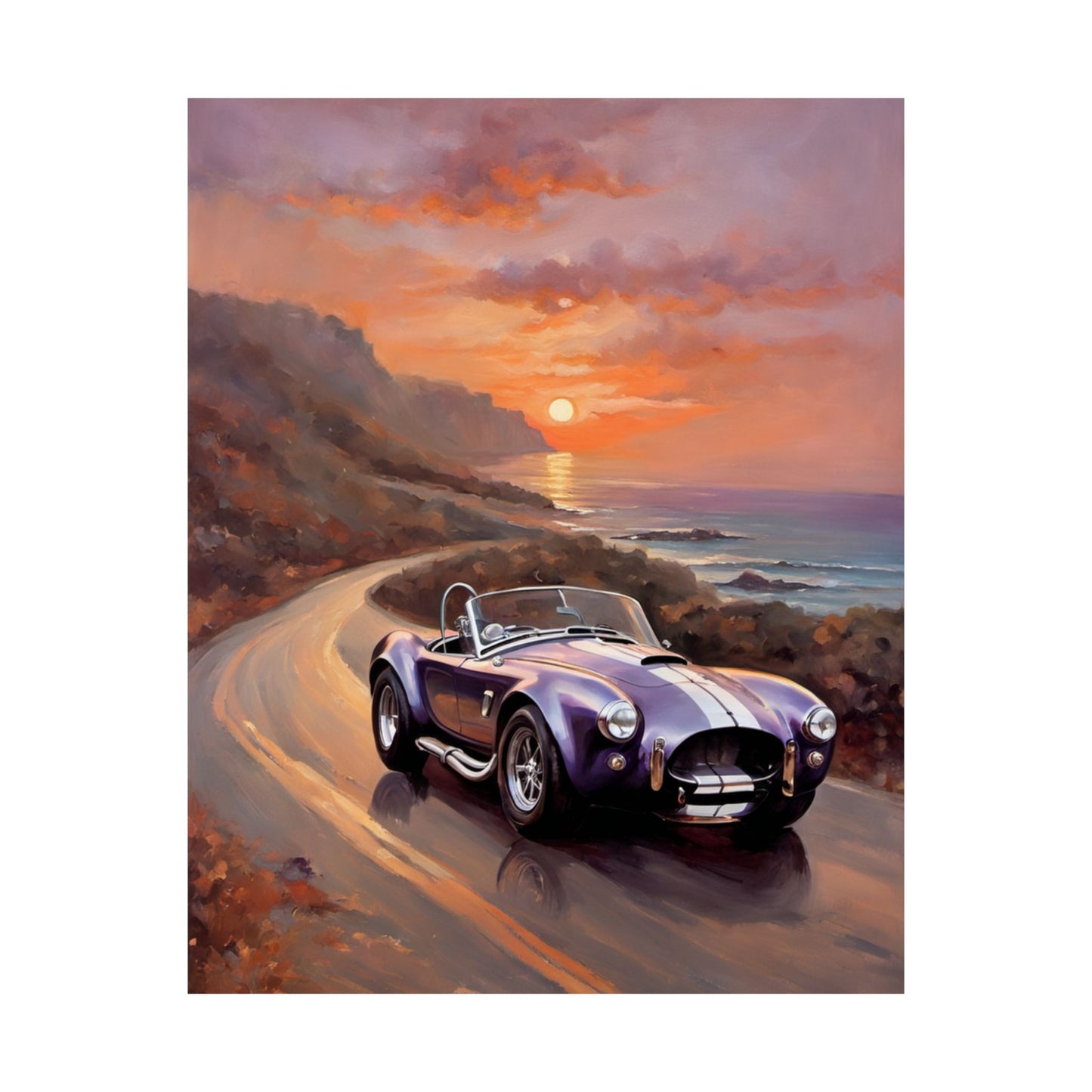 Vintage American Car Art featuring a purple classic convertible driving along a scenic coastal road