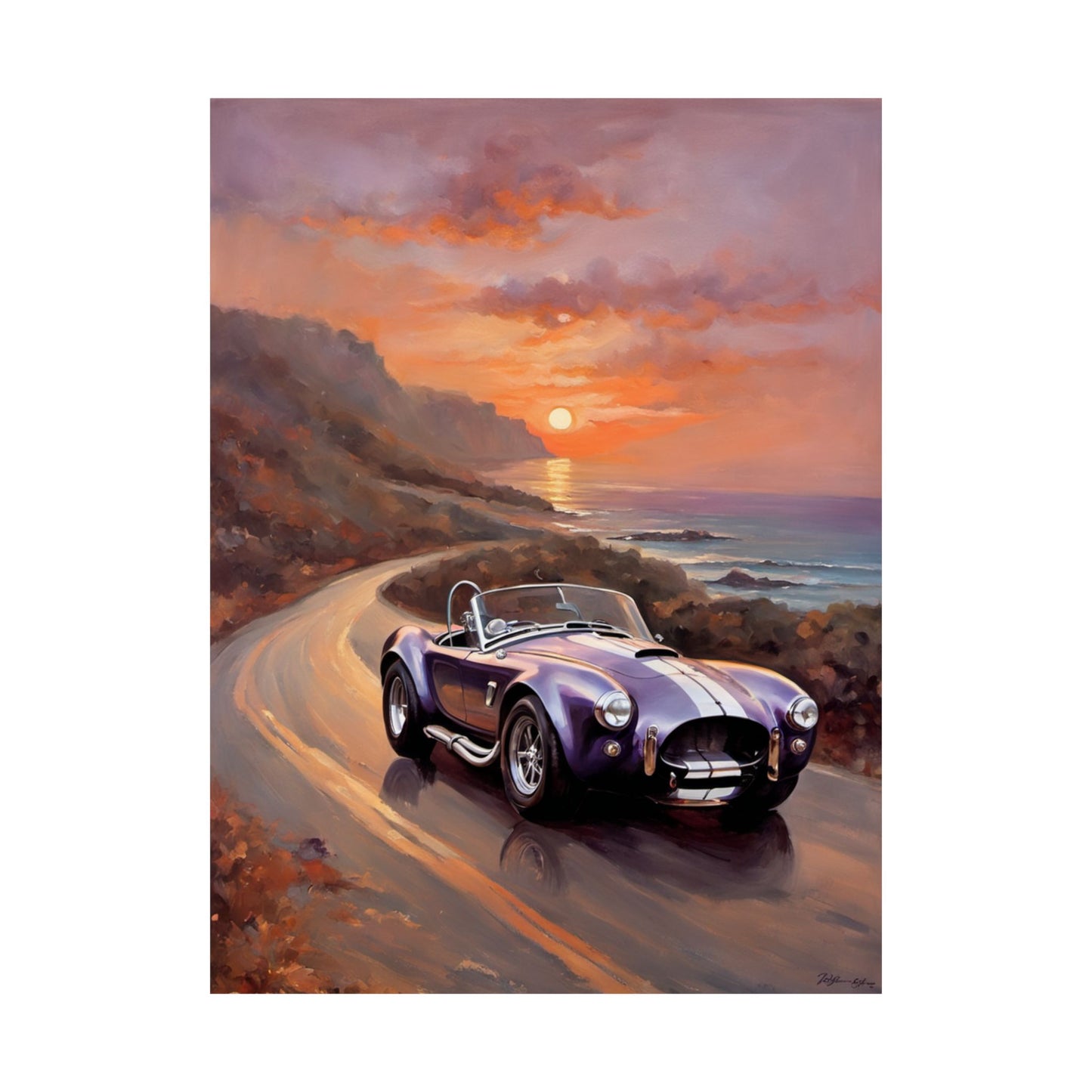 Stunning Vintage American Car Art featuring a purple vintage car by the sunset on a coastal road