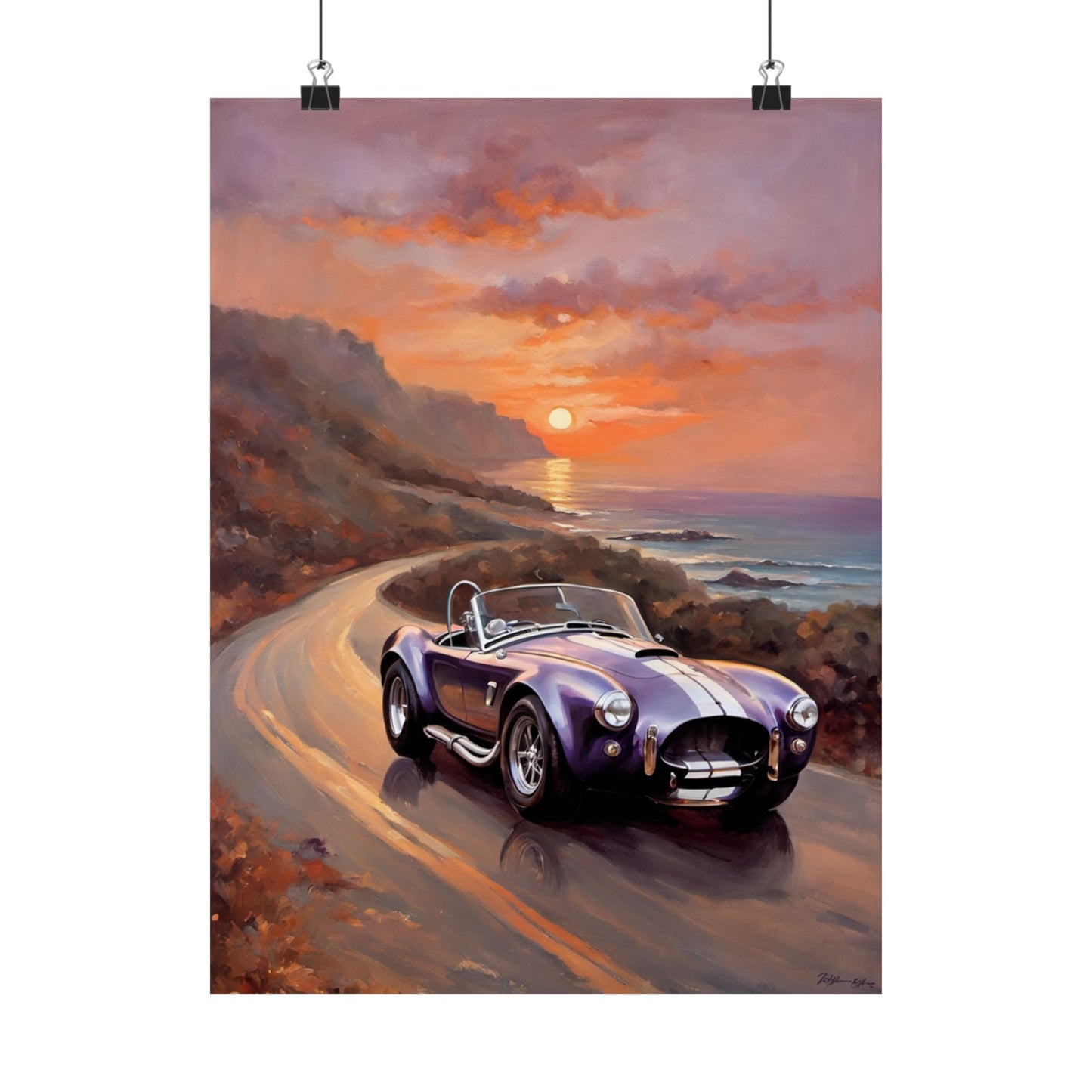 Vintage American Car Art featuring a purple classic car on a scenic coastal road at sunset