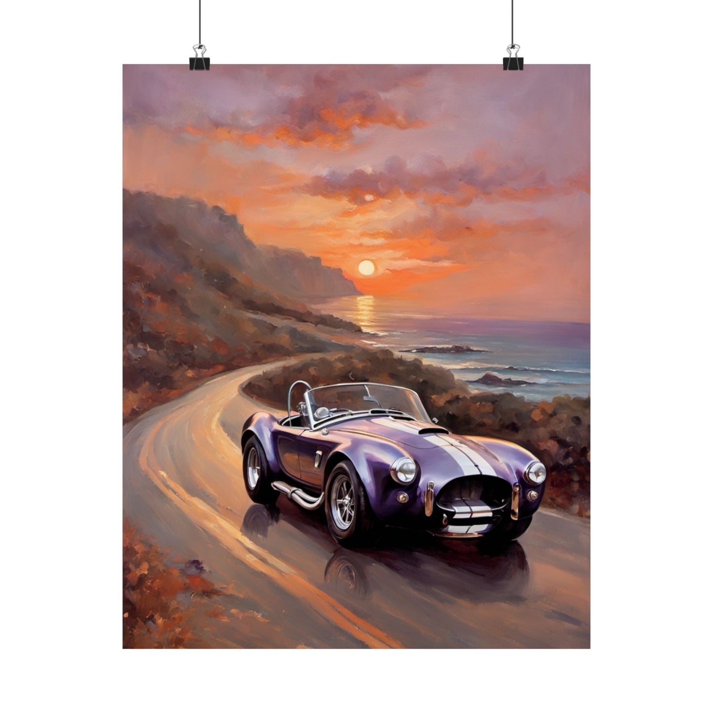 Vintage American Car Art featuring a classic purple convertible driving along a coastal road at sunset
