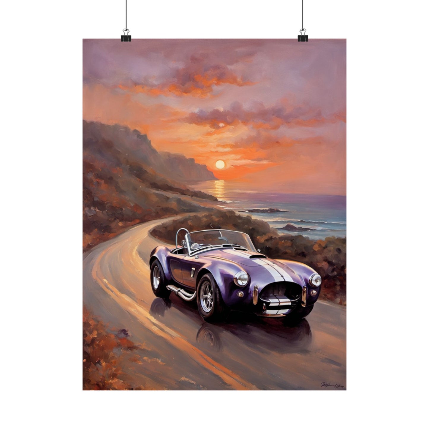 Stunning Vintage American Car Art featuring a purple convertible on a scenic coastal road at sunset