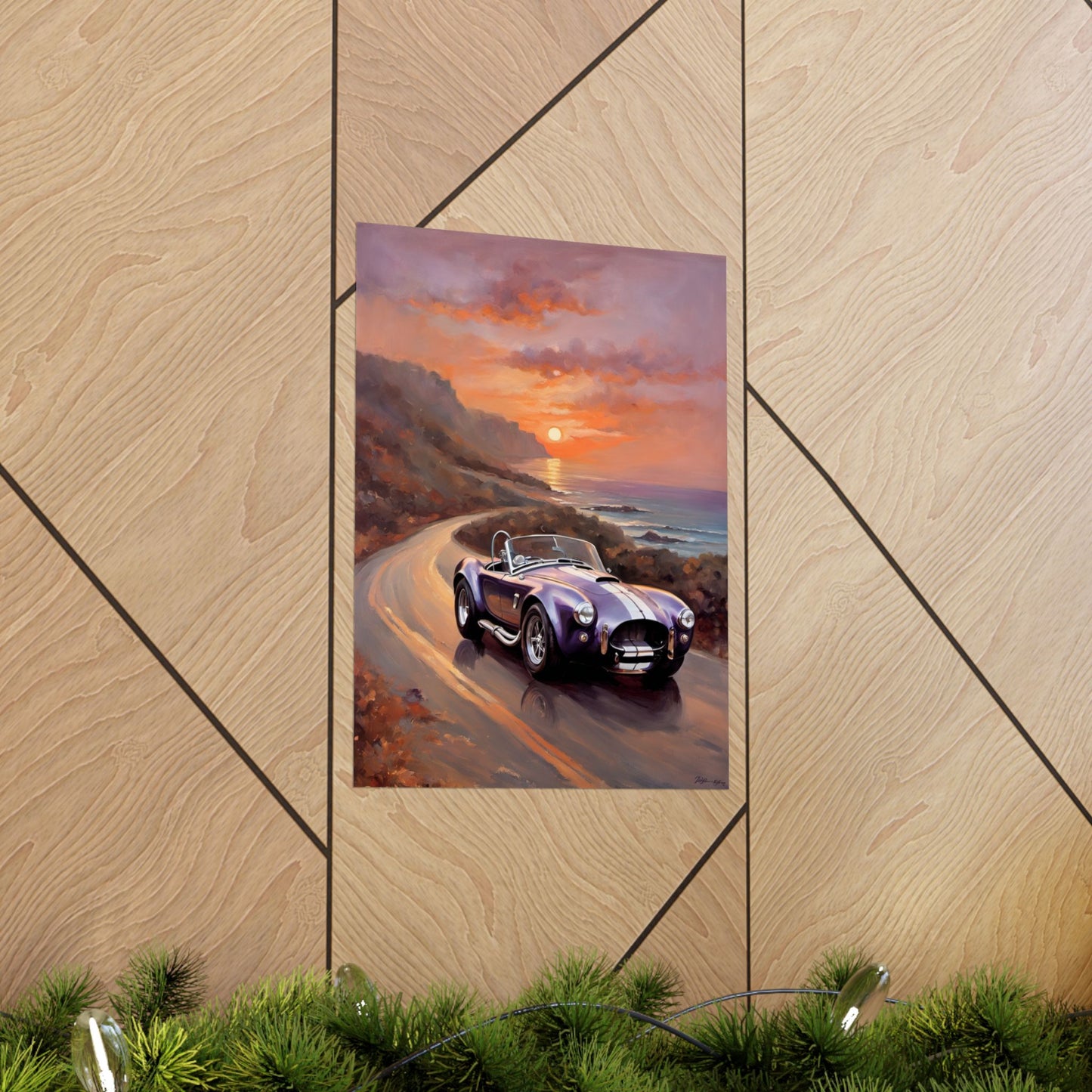Vintage American Car Art featuring a old convertible on a coastal road at sunset
