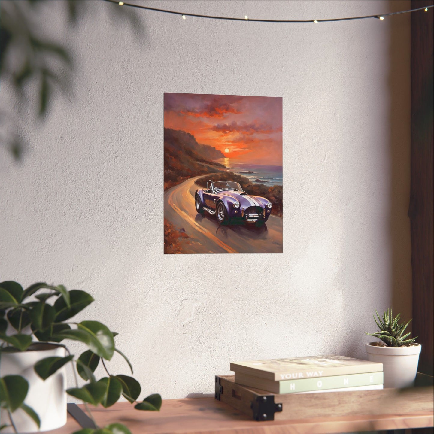 Vintage American Car Art poster featuring a nostalgic car on a scenic coastal road at sunset