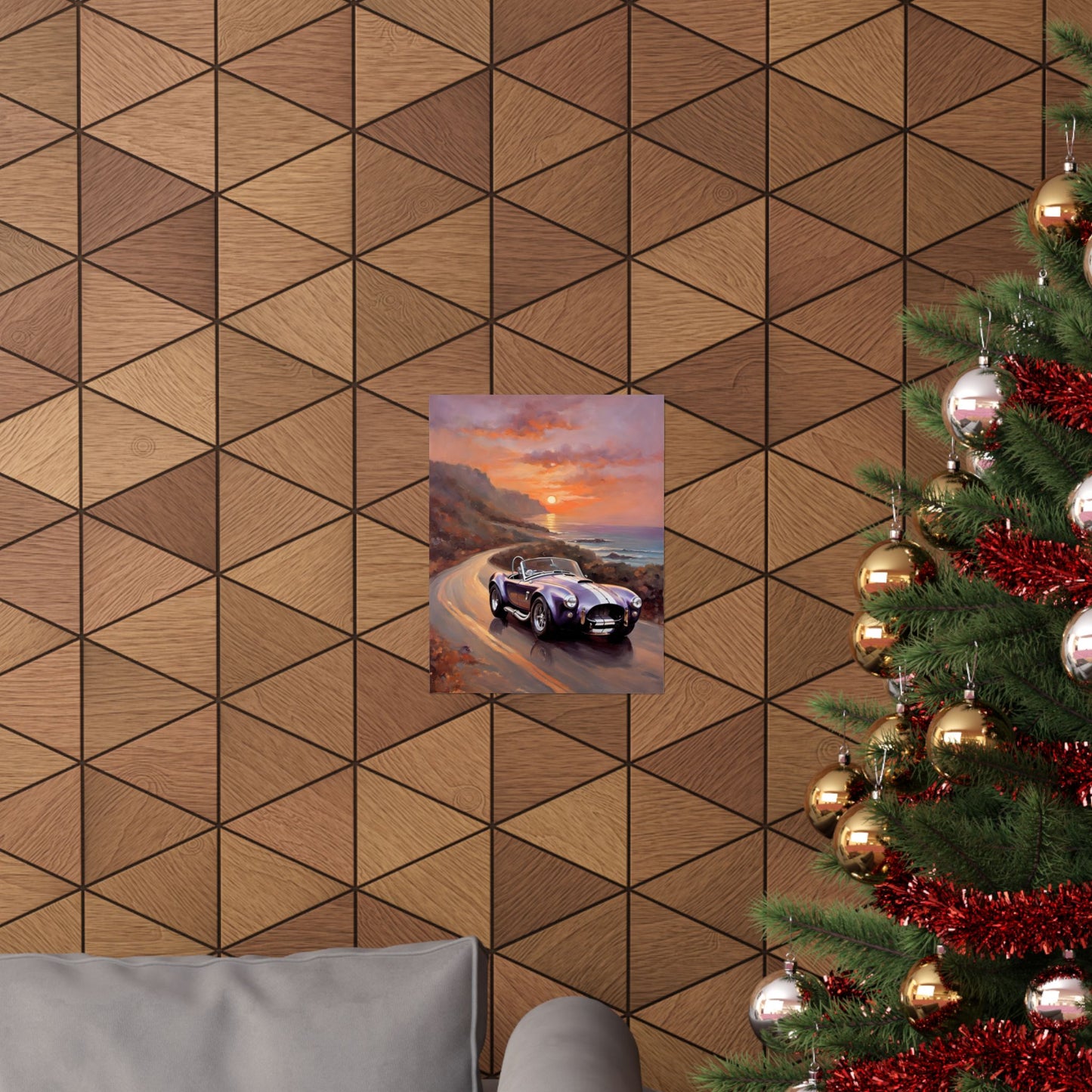 Vintage American Car Art poster displayed on a geometric wood-patterned wall near a decorated Christmas tree