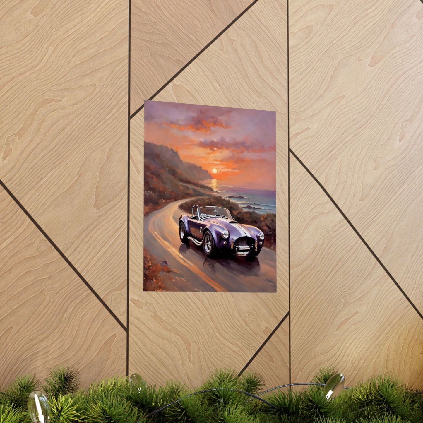 Vintage American Car Art featuring a classic convertible on a coastal road at sunset