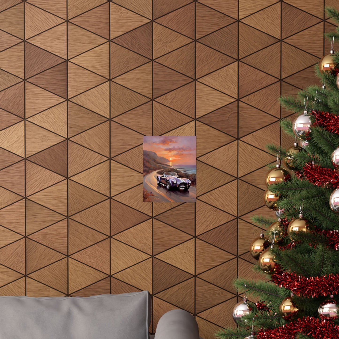 Vintage American Car Art poster displayed on a geometric wood-patterned wall