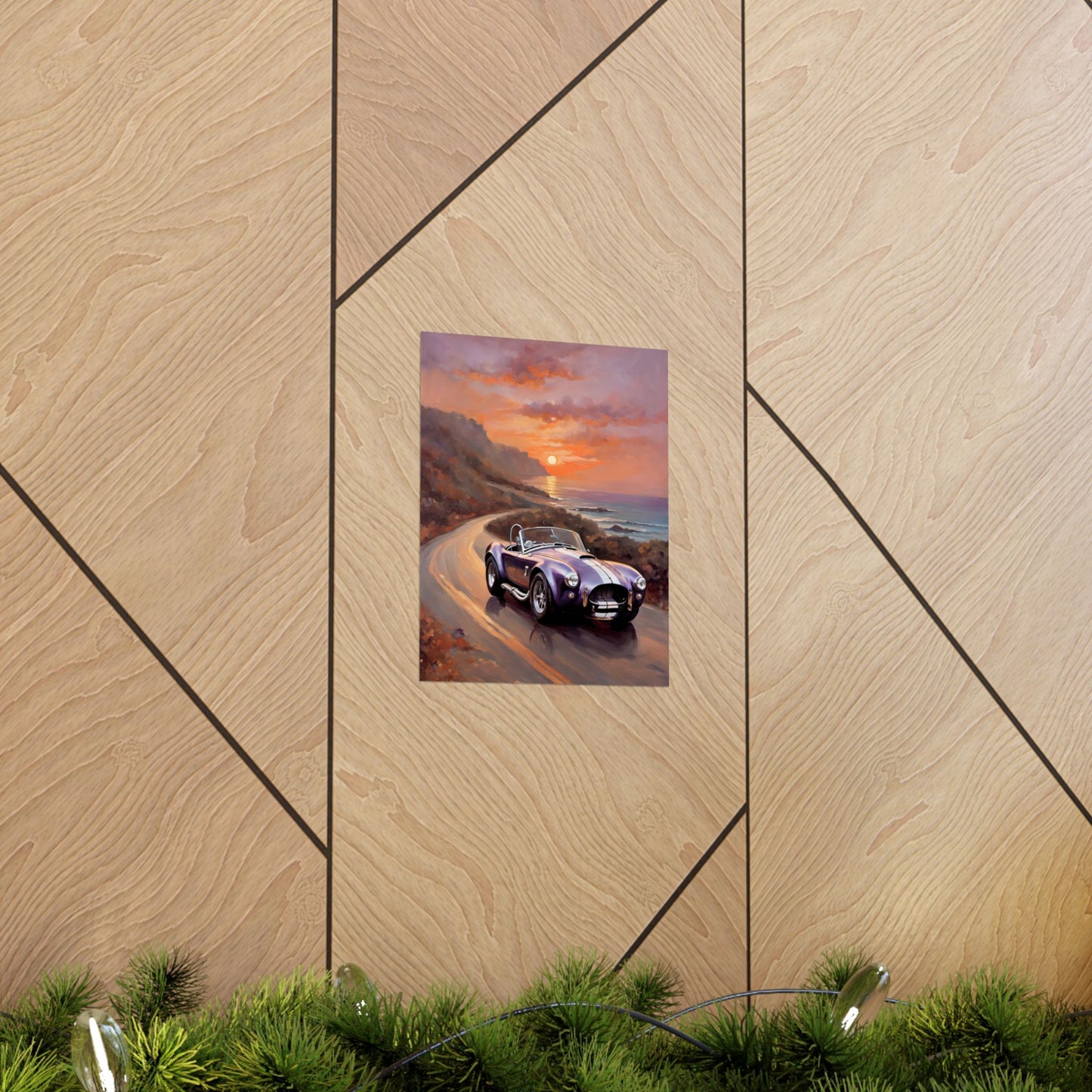 Vintage American Car Art poster depicting a classic car on a scenic coastal road at sunset