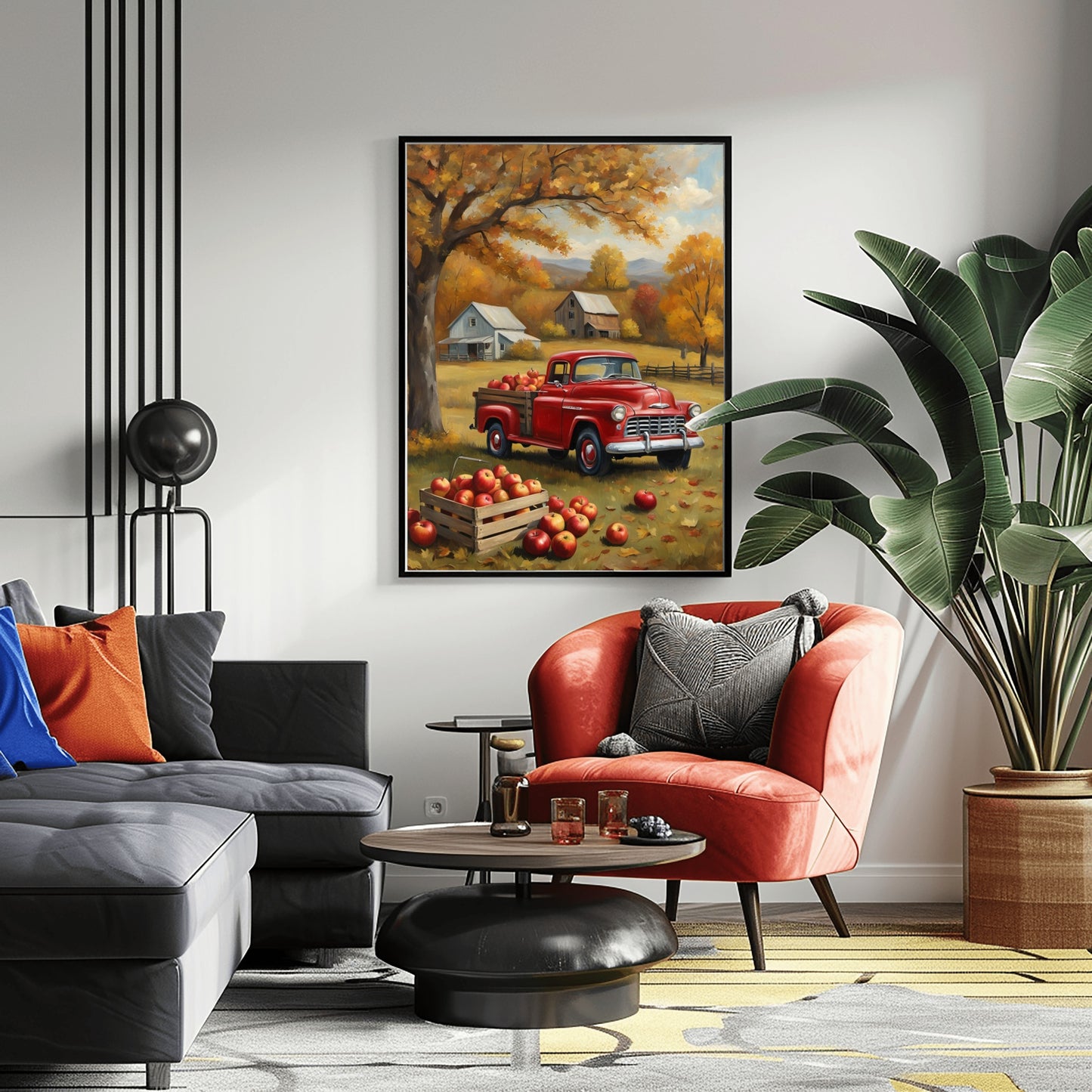 1950s pickup truck wall art featuring a red vintage truck in an autumn farm setting hung in a modern living room