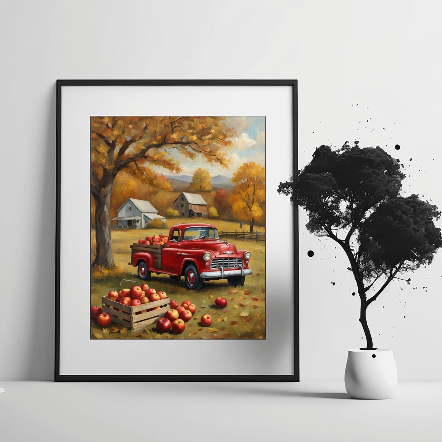 Framed digital print of 1950s pickup truck wall art with red truck and autumn apples in countryside