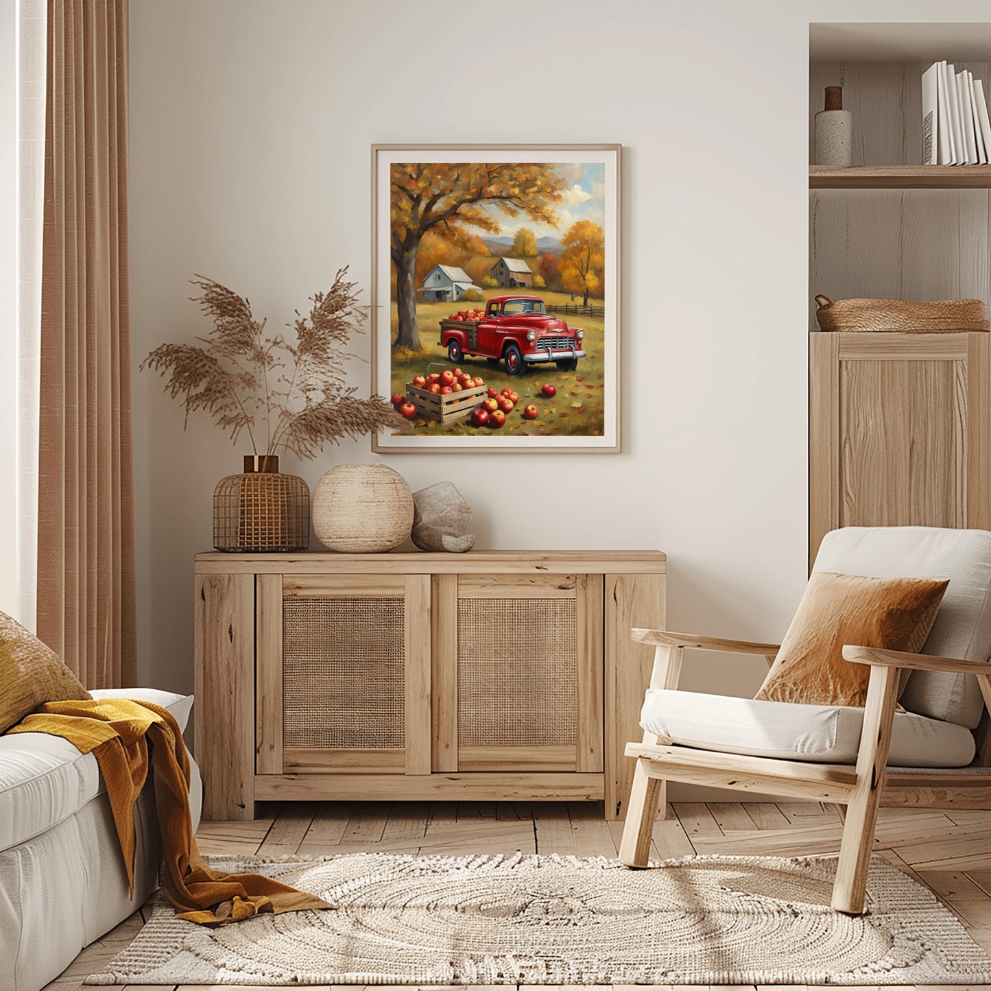 1950s pickup truck wall art featuring a red vintage truck with autumn apples in a cozy farmhouse setting