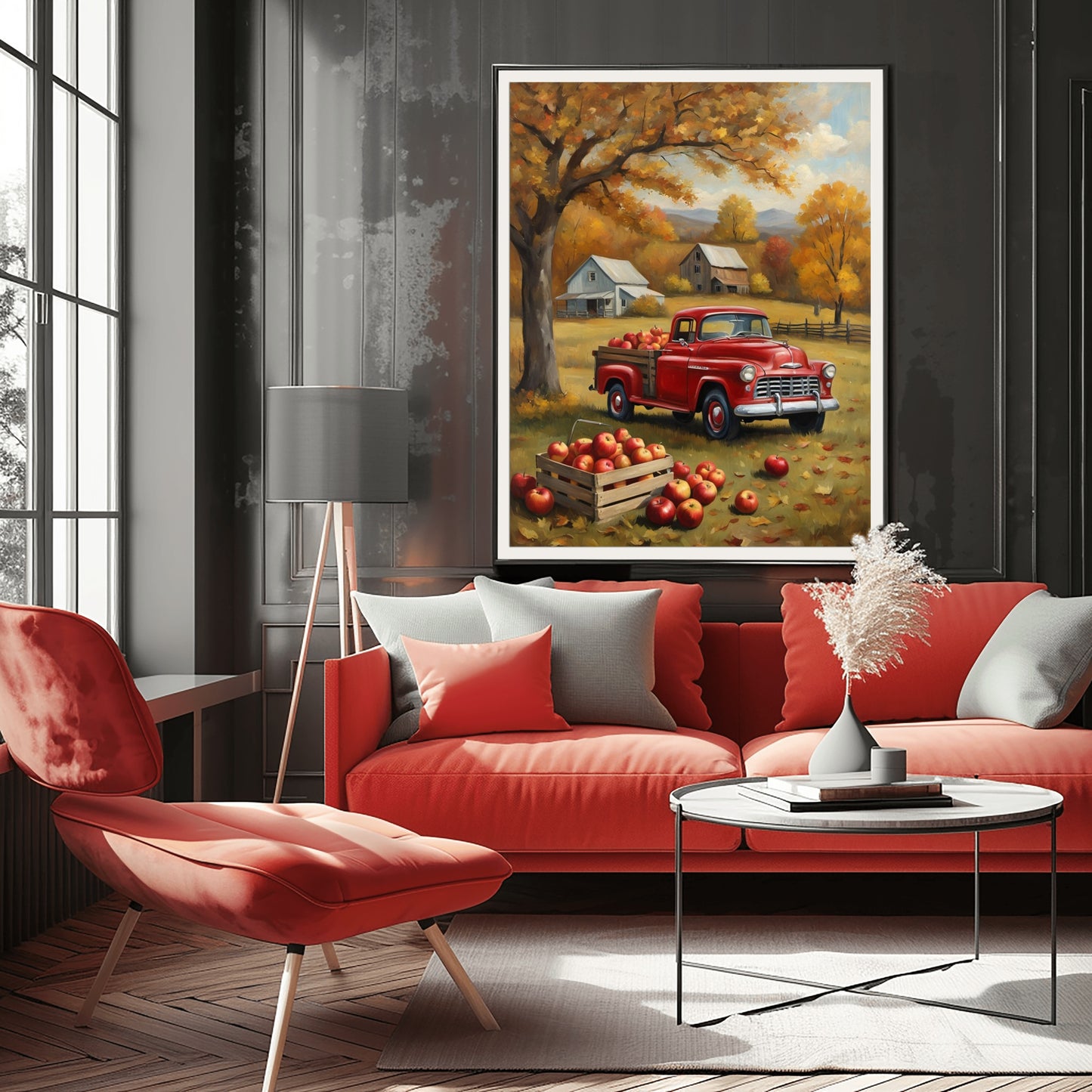 1950s pickup truck wall art featuring a red vintage truck with apples in an autumn farm setting