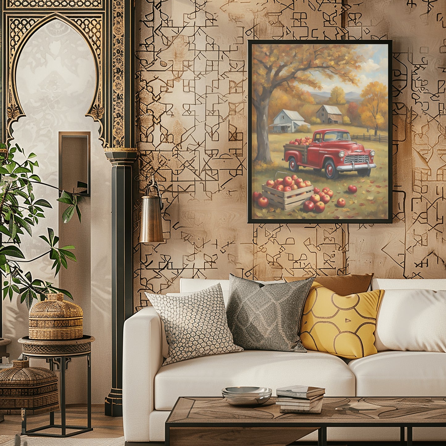 1950s pickup truck wall art digital print featuring a vintage red truck in an autumn orchard above a modern white sofa
