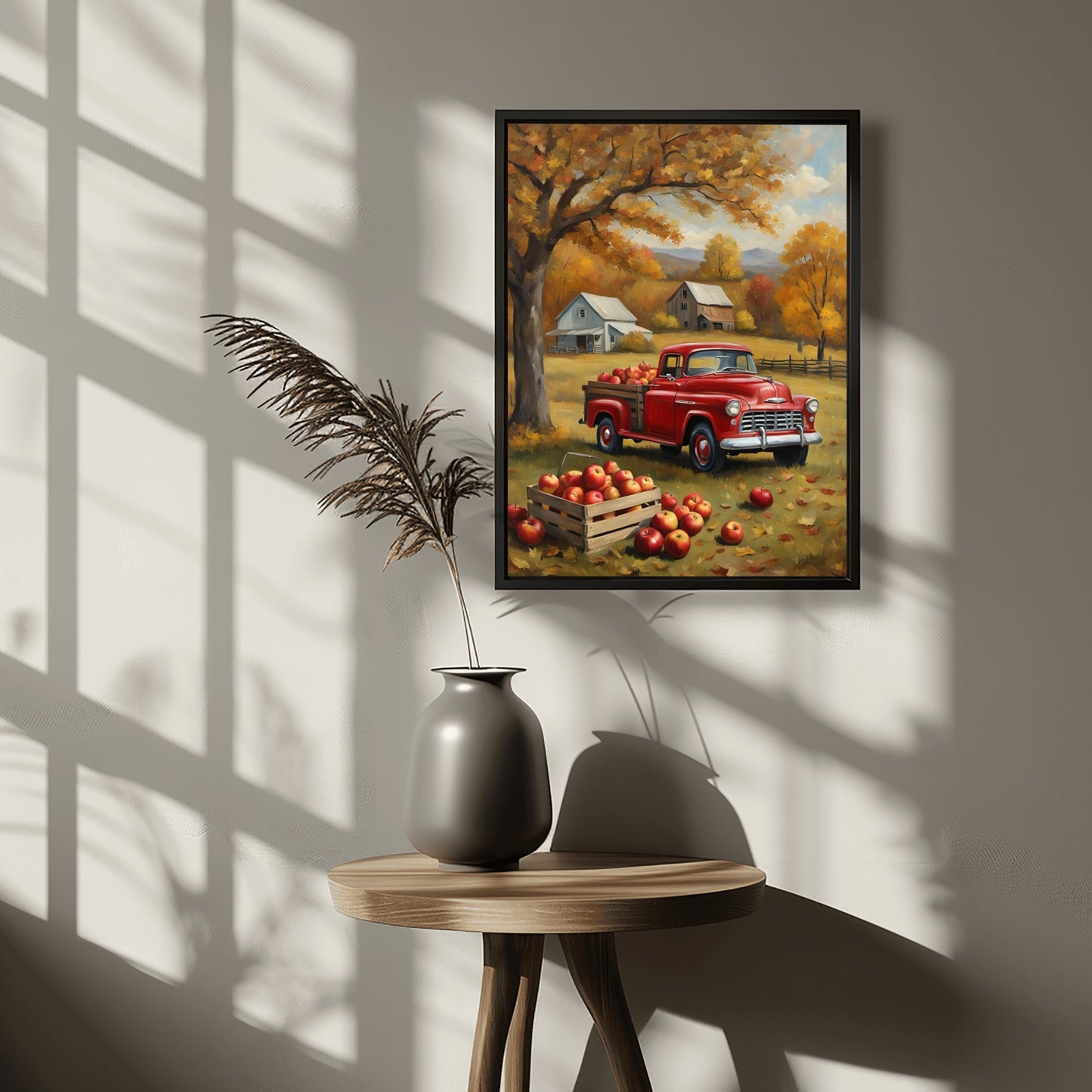 AquilVision digital 1950s pickup truck wall art featuring a red truck with apples in an autumn farm setting