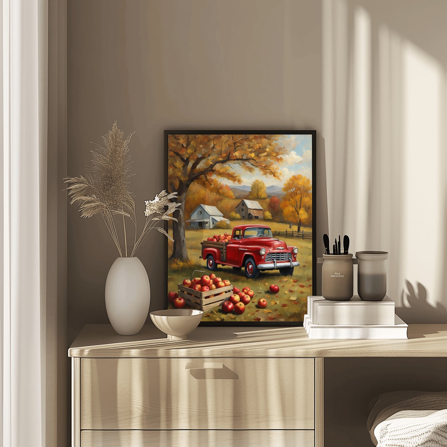 AquilVision 1950s pickup truck wall art featuring a red vintage truck and autumn scenery in a rustic farmhouse setting