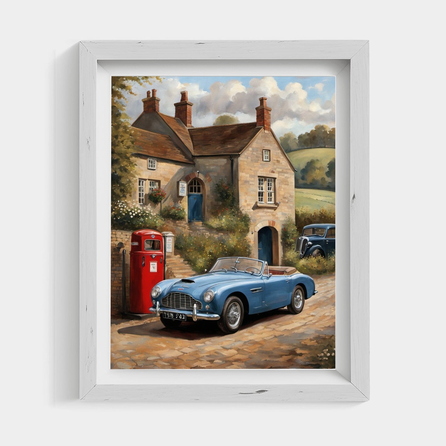 Vintage automobile artwork for home featuring a classic blue convertible by a red gas pump in front of an old stone house