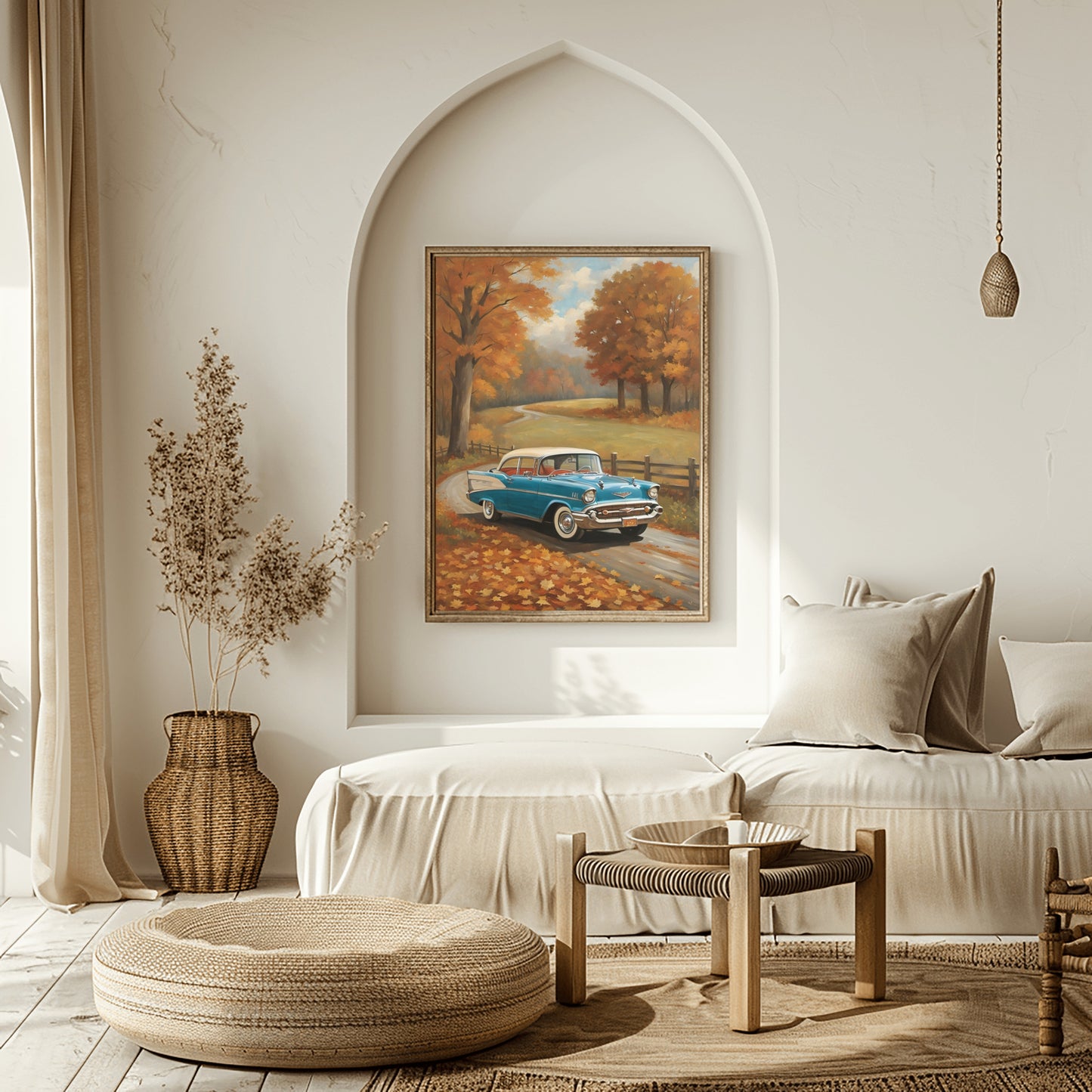 Vintage autumn car wall art featuring a classic blue car on a tree-lined road with fall foliage