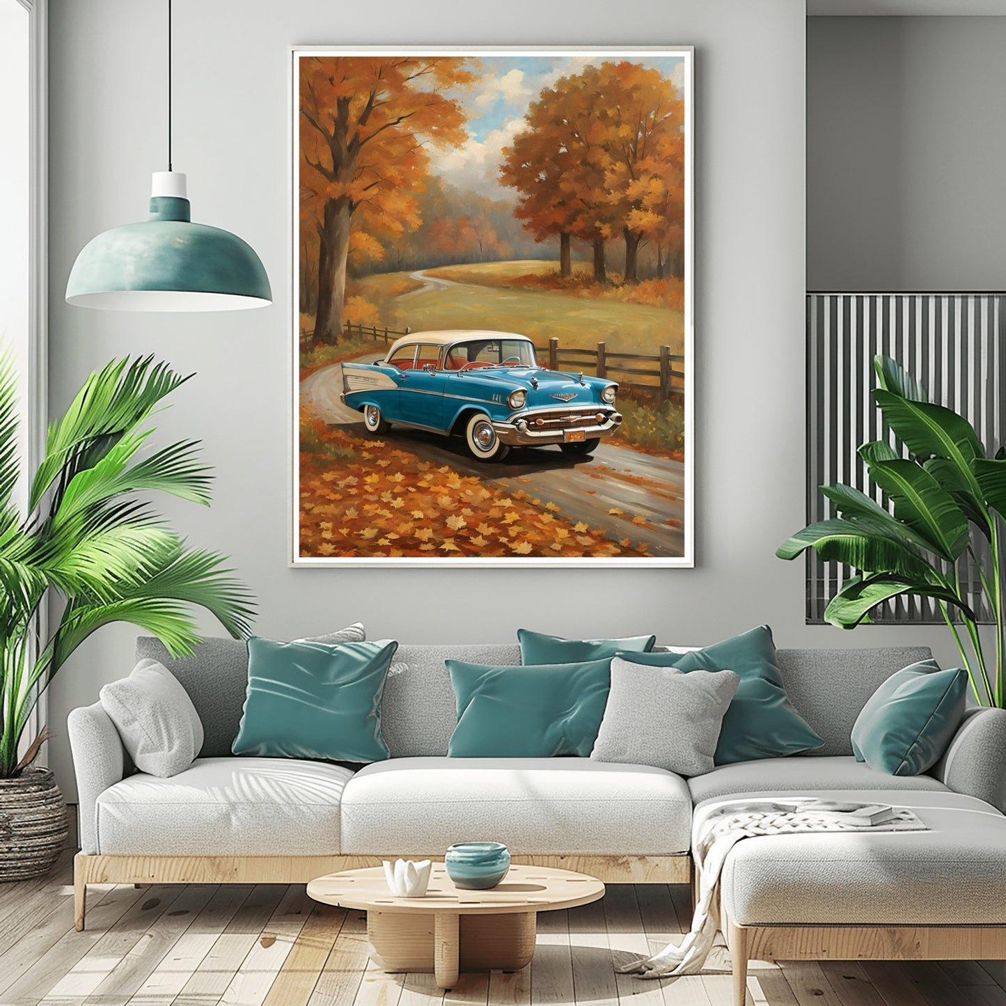 vintage autumn car wall art featuring a blue classic car on a road surrounded by fall trees in a living room