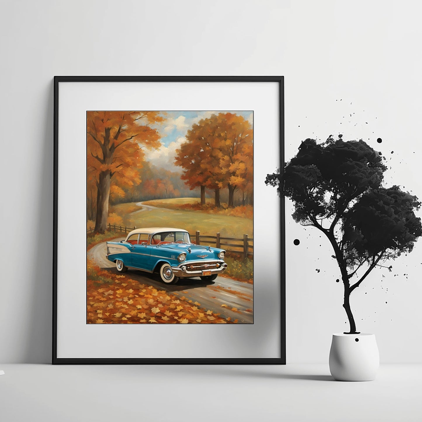 Vintage autumn car wall art featuring a blue classic car on a leaf-covered road with fall trees