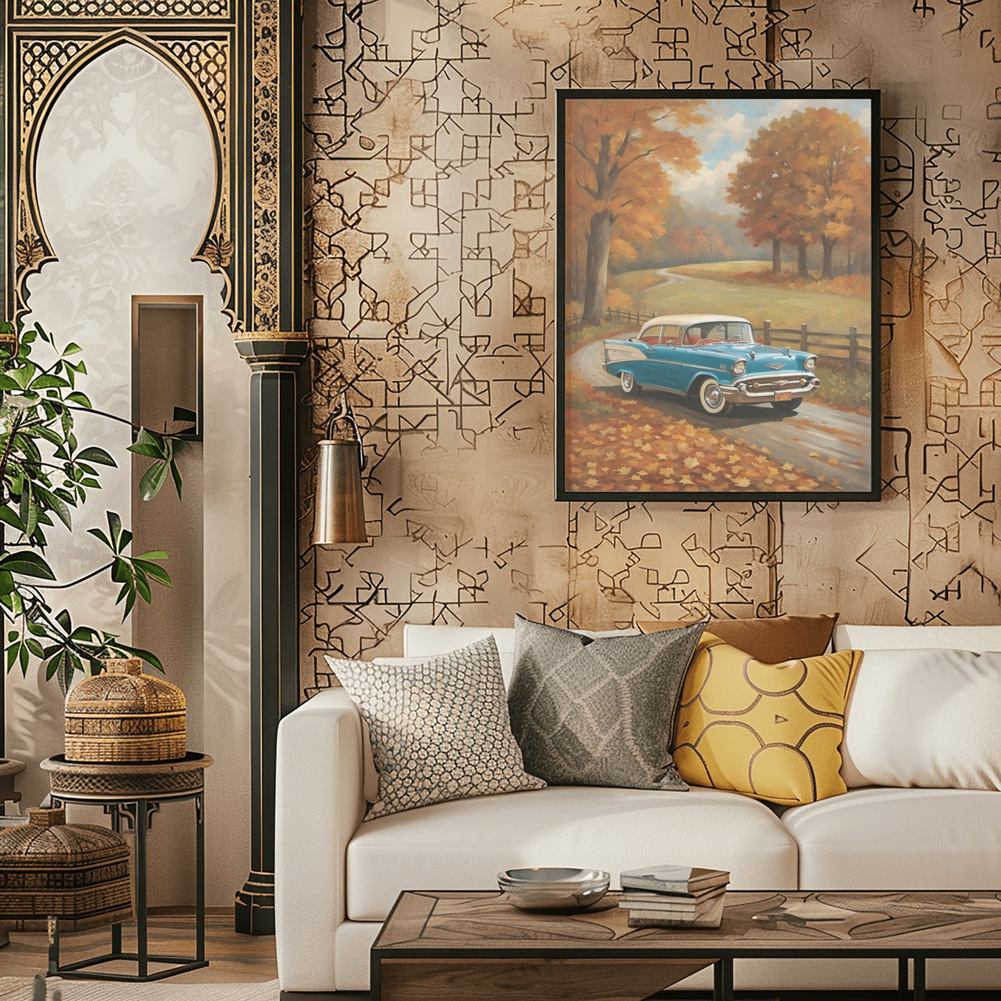 Vintage autumn car wall art featuring a classic blue car driving down a tree-lined fall road