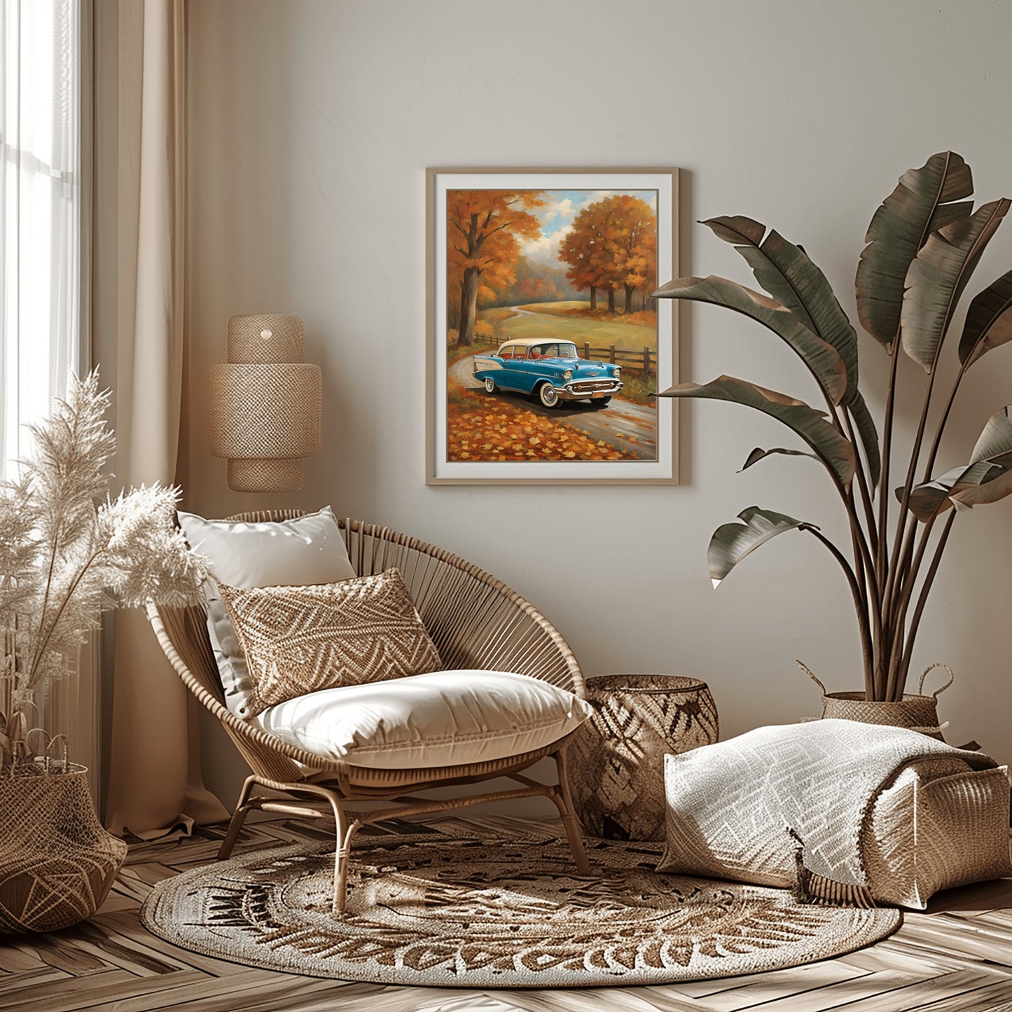 vintage autumn car wall art featuring a blue classic car in fall scenery hanging in cozy living room