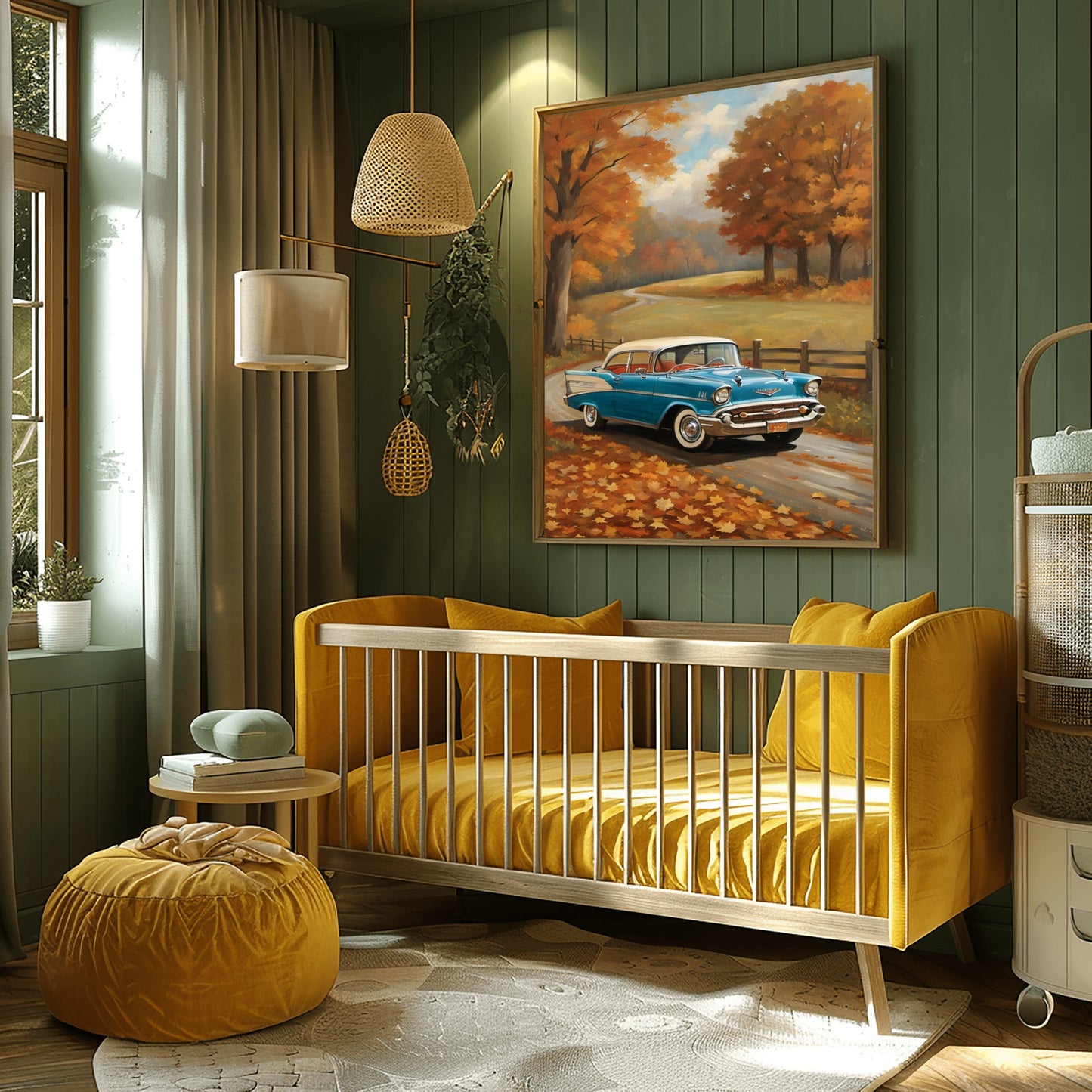Vintage autumn car wall art featuring a blue classic car on a fall road in a cozy nursery room
