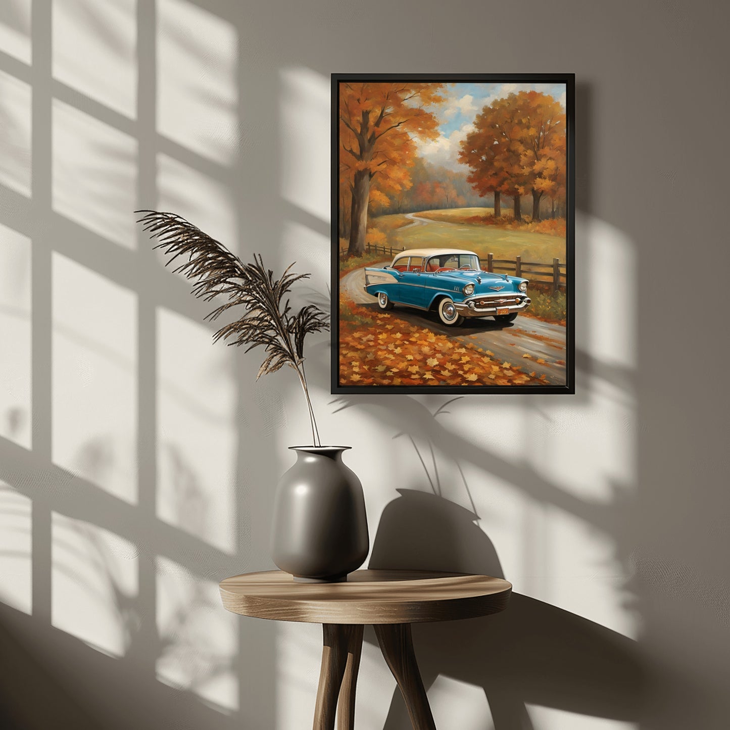 Vintage autumn car wall art by AquilVision featuring a blue classic car on a fall road with orange trees