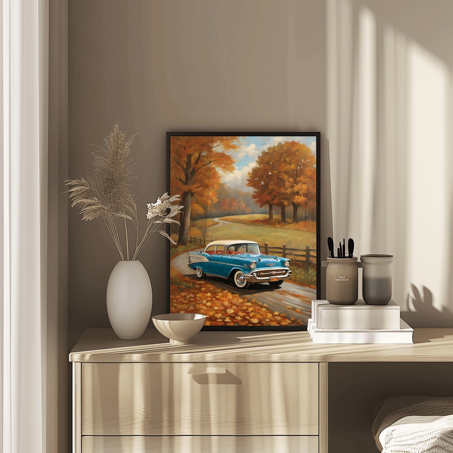 Vintage autumn car wall art featuring a blue classic car on a tree-lined road with fall foliage