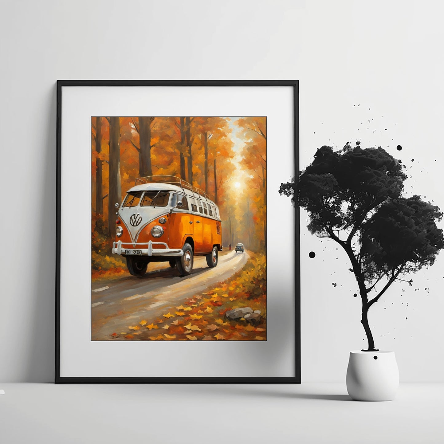 Vintage camper oil painting of an orange VW bus driving down a forest road in autumn