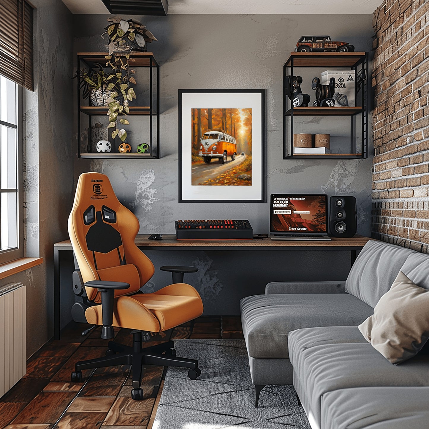 Modern workspace featuring a vintage camper oil painting by AquilVision on a gray wall above a desk